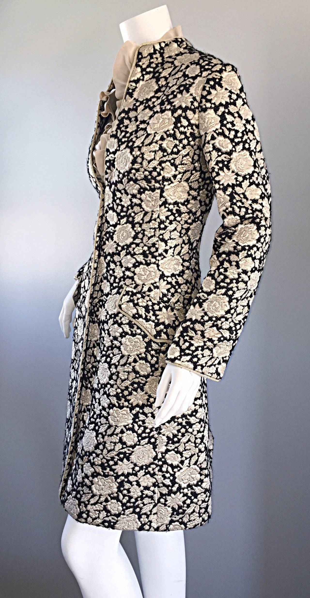 Gray 1960s Mollie Parnis Black + Gold Floral Silk Brocade Edwardian A - Line Dress