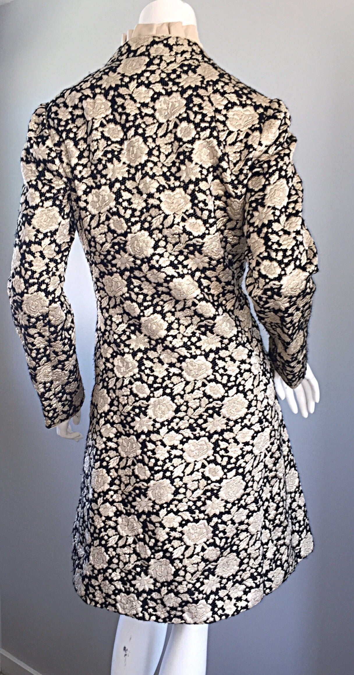 1960s Mollie Parnis Black + Gold Floral Silk Brocade Edwardian A - Line Dress In Excellent Condition In San Diego, CA