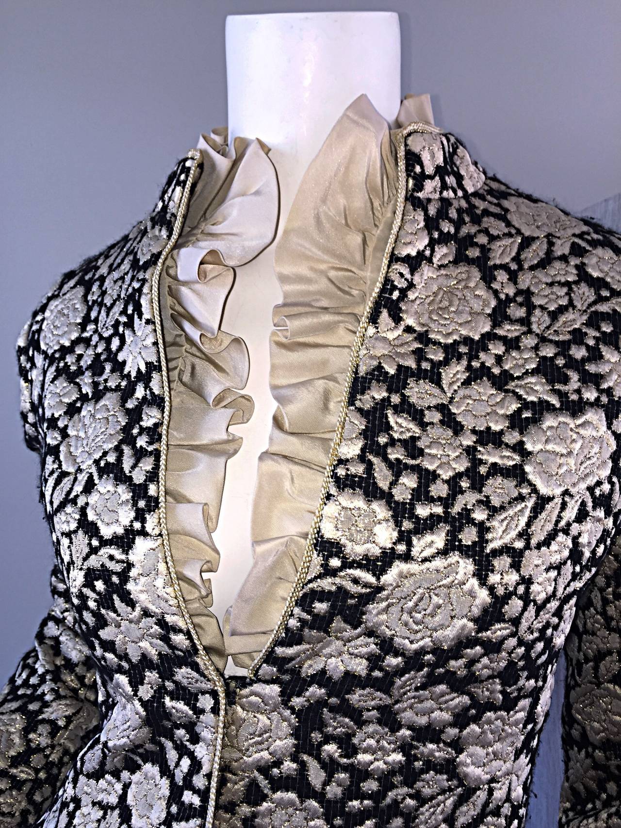 Women's 1960s Mollie Parnis Black + Gold Floral Silk Brocade Edwardian A - Line Dress