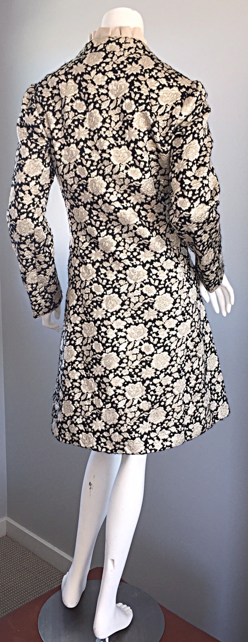 1960s Mollie Parnis Black + Gold Floral Silk Brocade Edwardian A - Line Dress 2