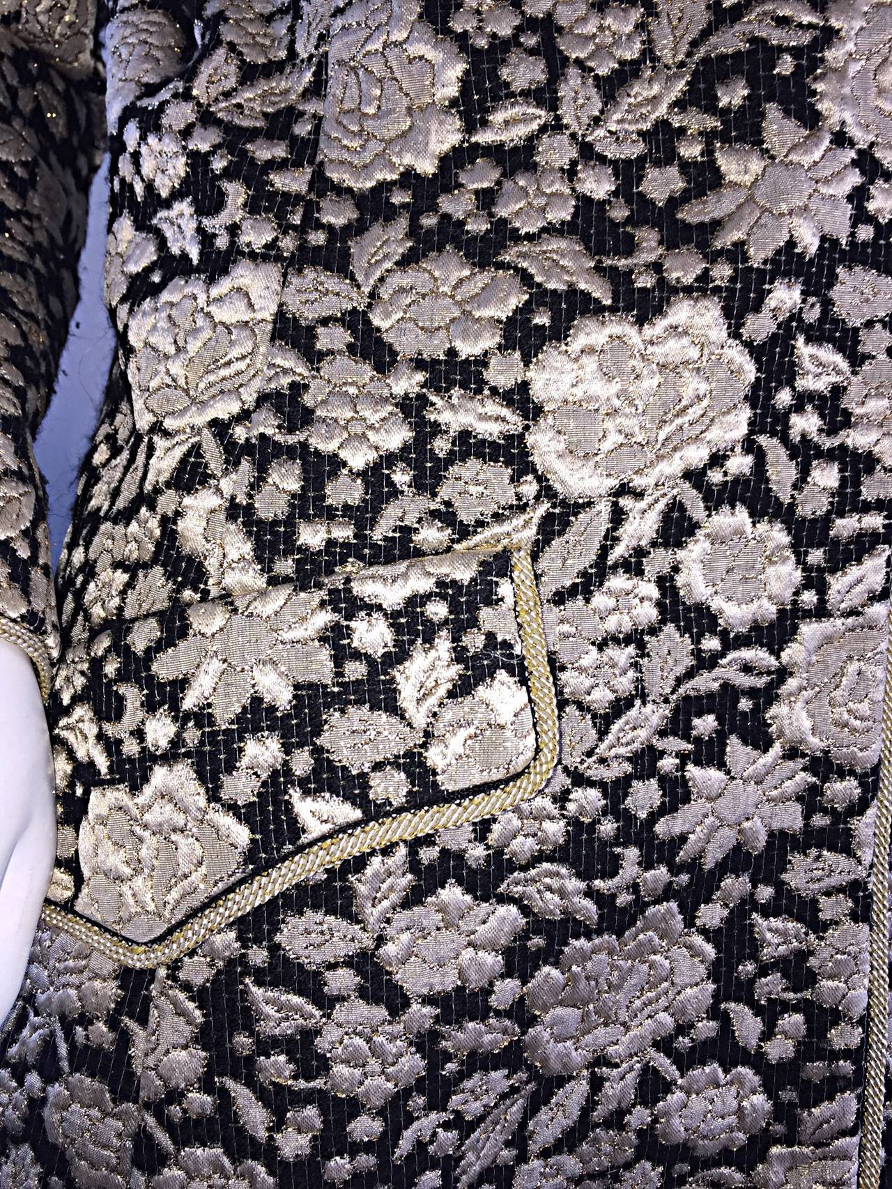 1960s Mollie Parnis Black + Gold Floral Silk Brocade Edwardian A - Line Dress 3