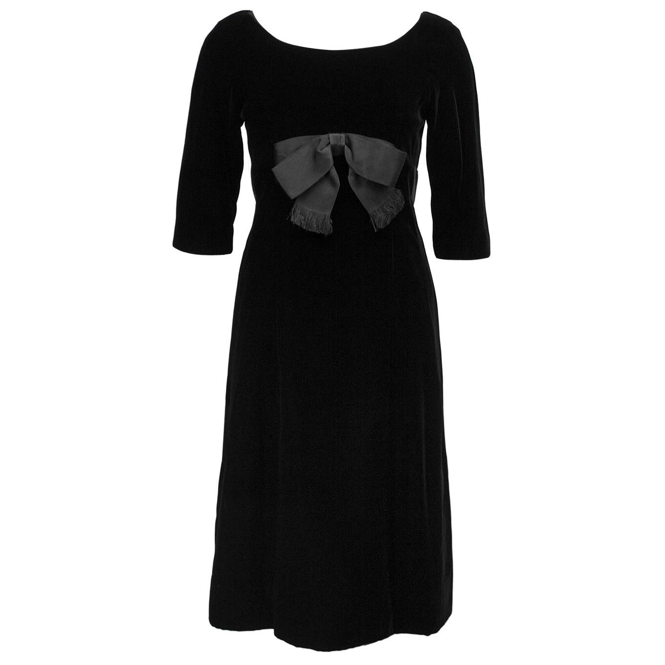 1960's Mollie Parnis Black Velvet Dress w Bow For Sale