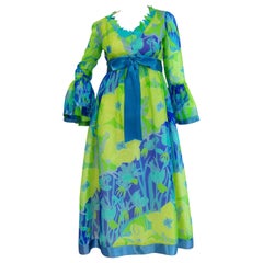 Vintage 1960s Mollie Parnis Blue and Green Floral Chiffon Maxi Dress