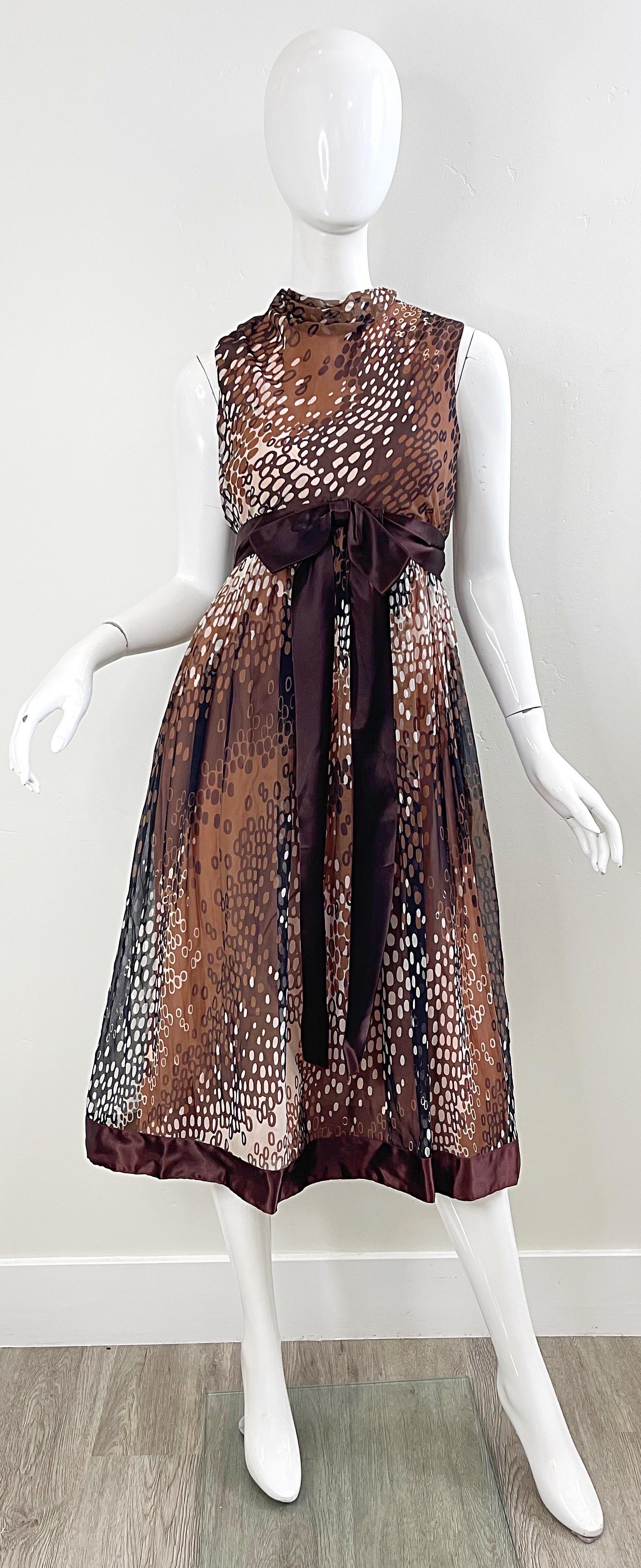 1960s Mollie Parnis Brown Tan Ivory Abstract Polka Dot Silk Chiffon 60s Dress 6