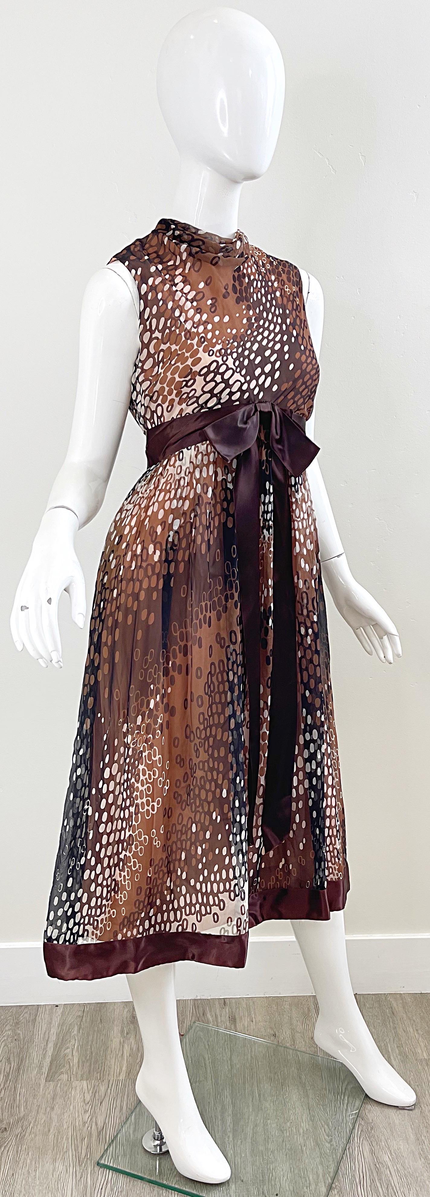 1960s Mollie Parnis Brown Tan Ivory Abstract Polka Dot Silk Chiffon 60s Dress 8