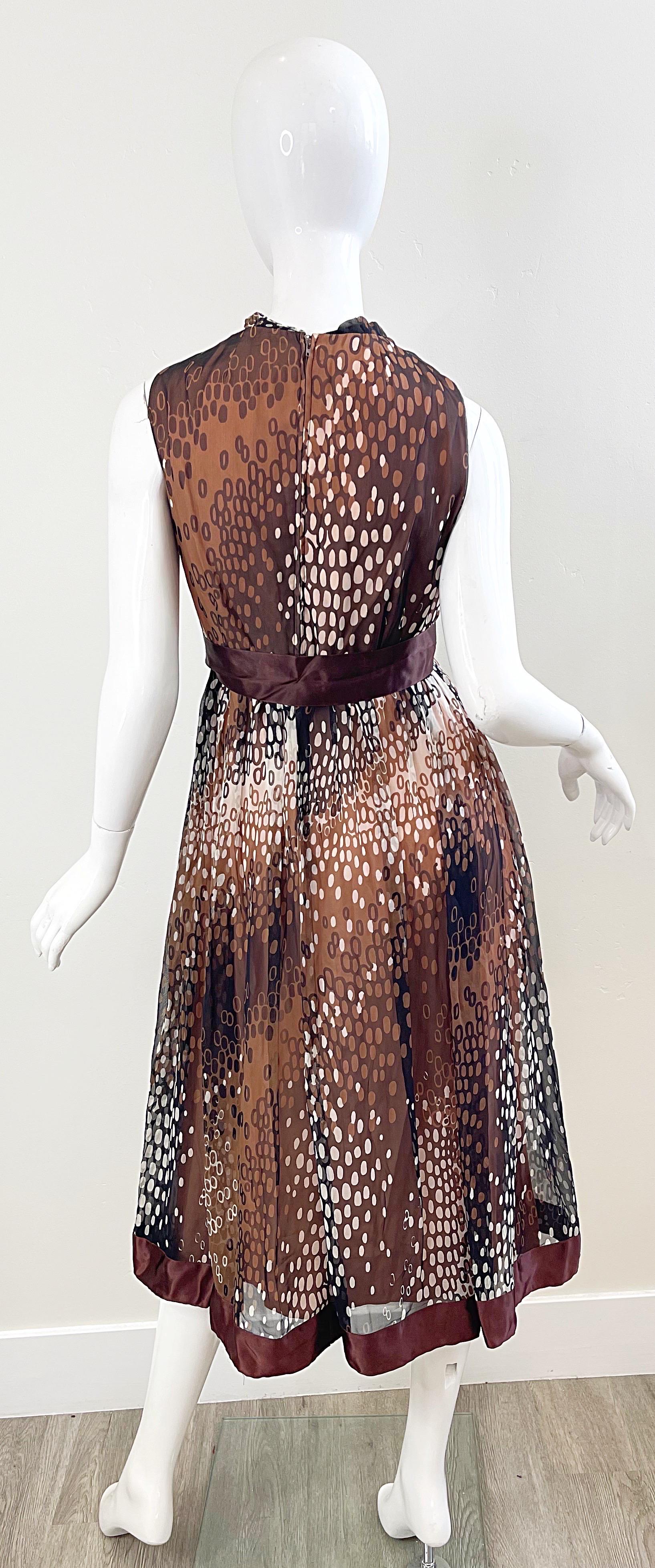 1960s Mollie Parnis Brown Tan Ivory Abstract Polka Dot Silk Chiffon 60s Dress 9