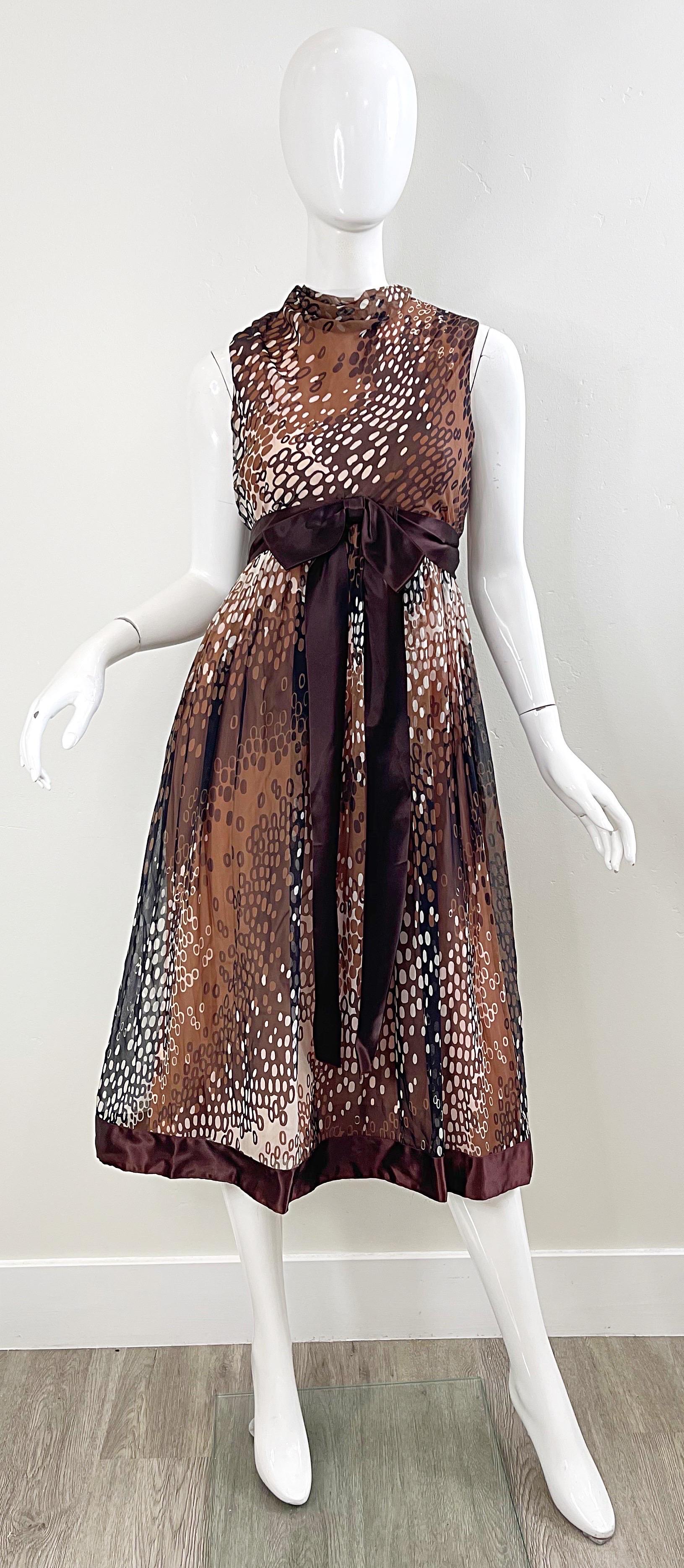 1960s Mollie Parnis Brown Tan Ivory Abstract Polka Dot Silk Chiffon 60s Dress 10