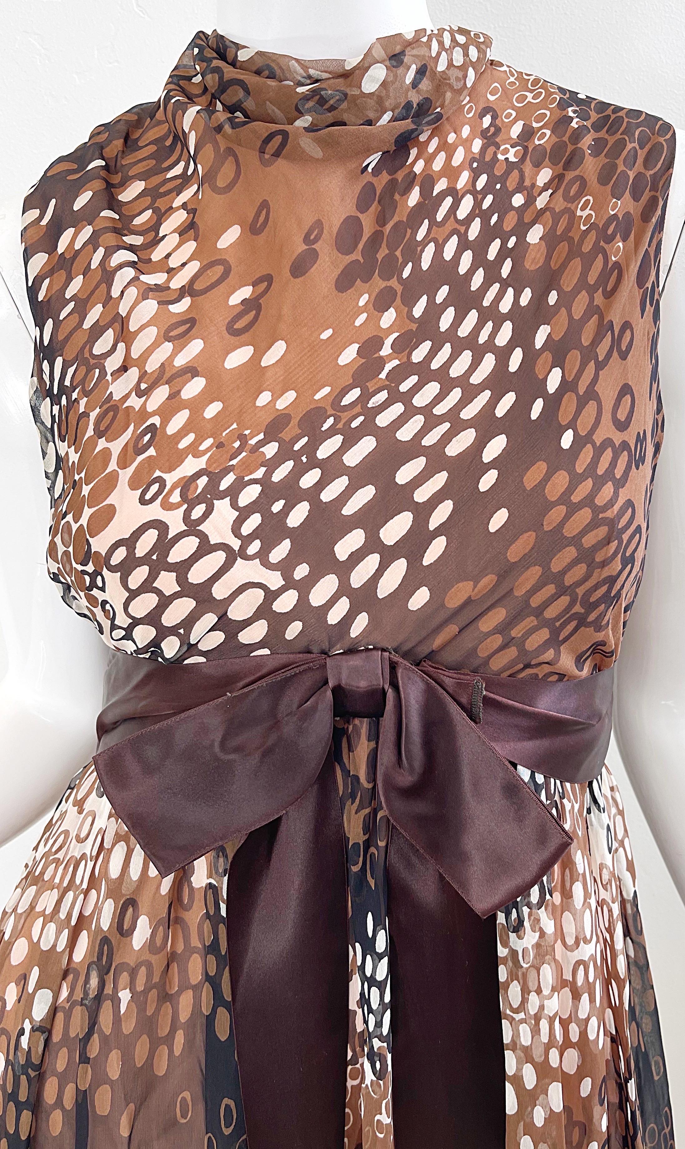 Women's 1960s Mollie Parnis Brown Tan Ivory Abstract Polka Dot Silk Chiffon 60s Dress
