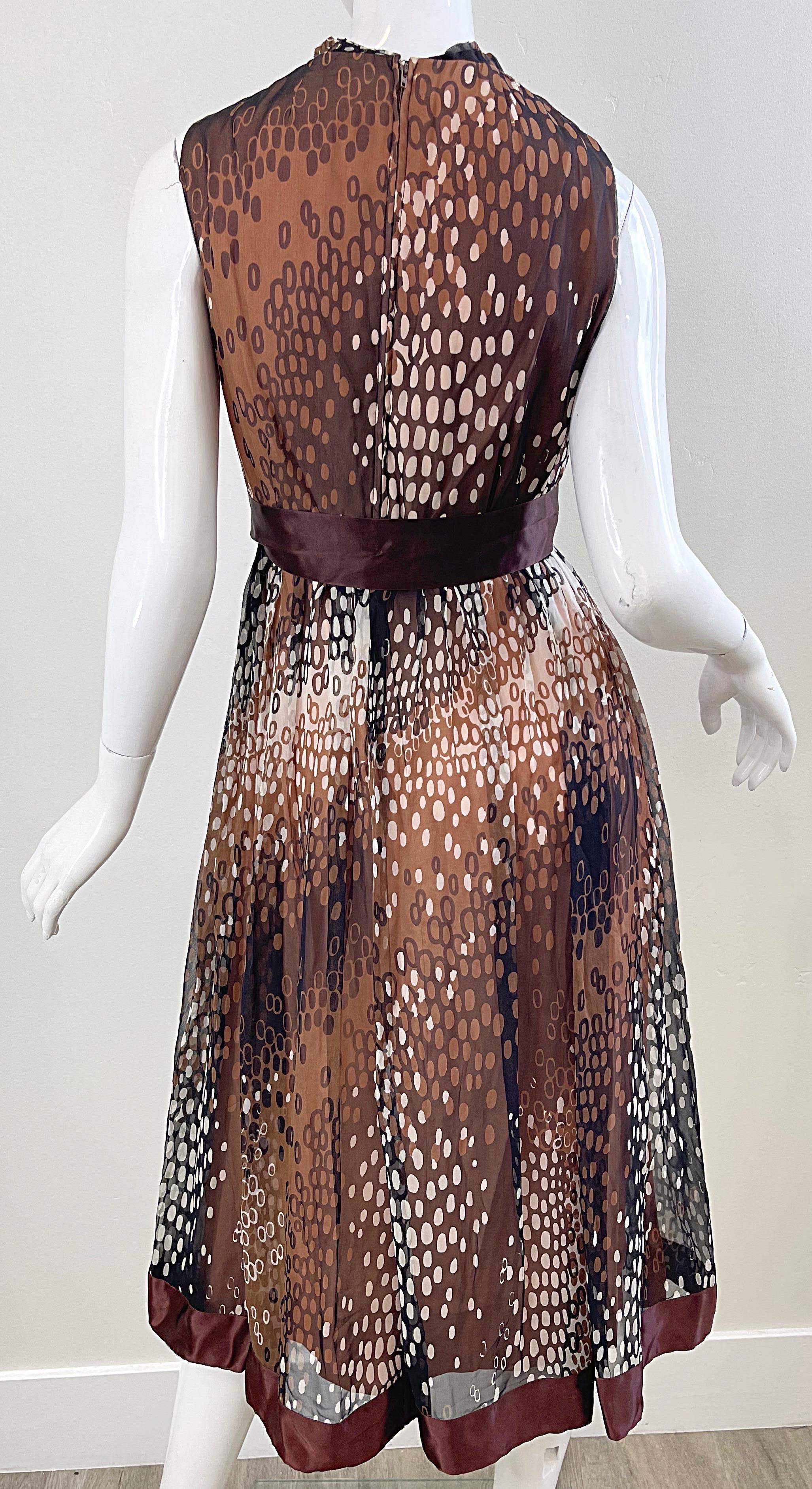 1960s Mollie Parnis Brown Tan Ivory Abstract Polka Dot Silk Chiffon 60s Dress 1