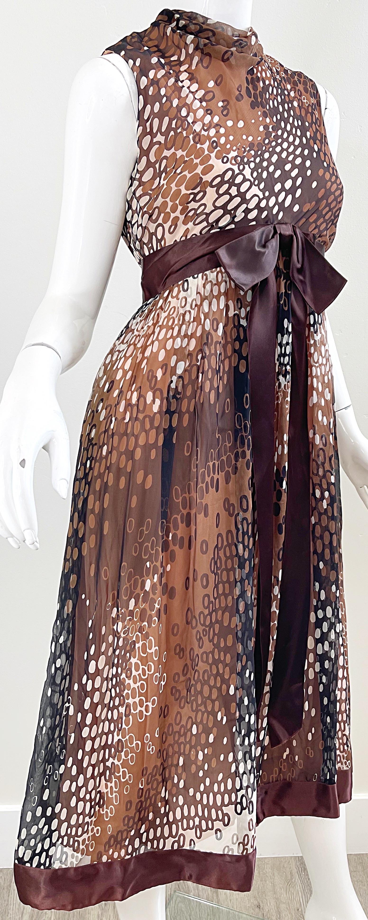 1960s Mollie Parnis Brown Tan Ivory Abstract Polka Dot Silk Chiffon 60s Dress 2