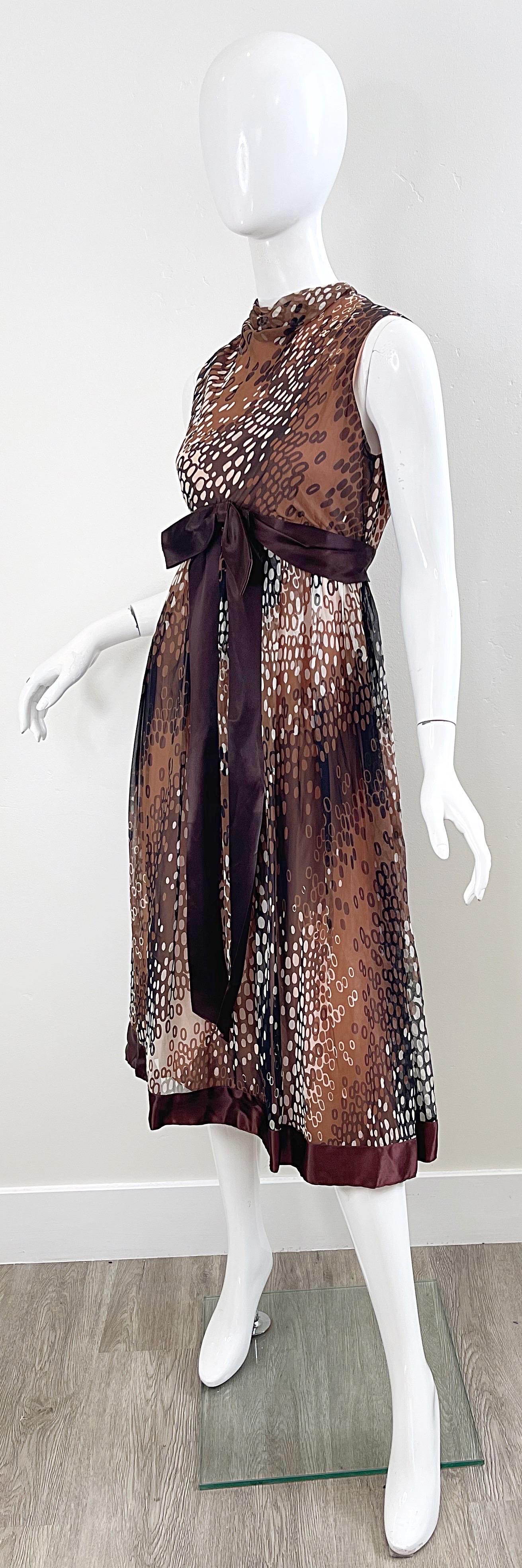1960s Mollie Parnis Brown Tan Ivory Abstract Polka Dot Silk Chiffon 60s Dress 3