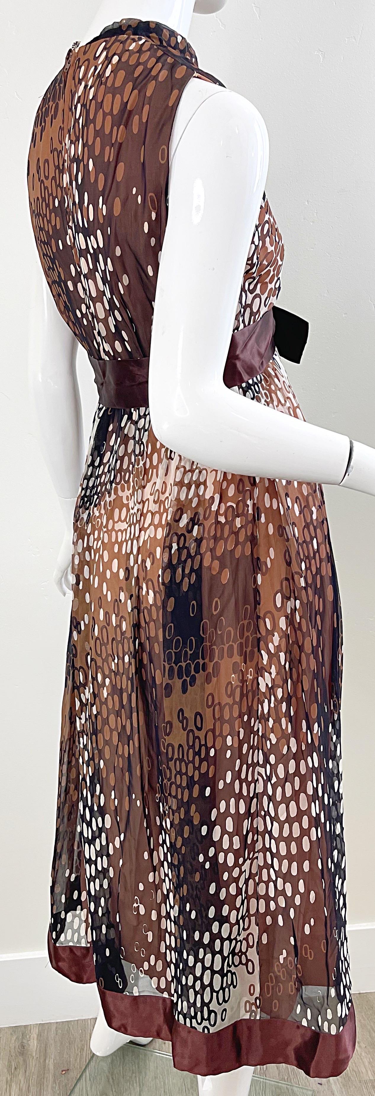 1960s Mollie Parnis Brown Tan Ivory Abstract Polka Dot Silk Chiffon 60s Dress 4