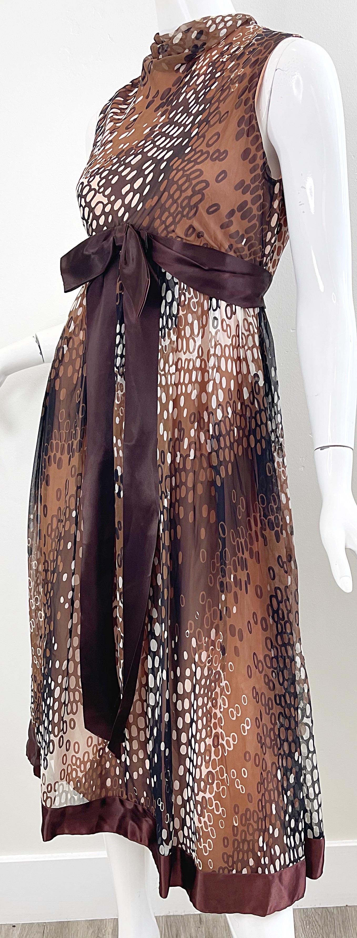 1960s Mollie Parnis Brown Tan Ivory Abstract Polka Dot Silk Chiffon 60s Dress 5