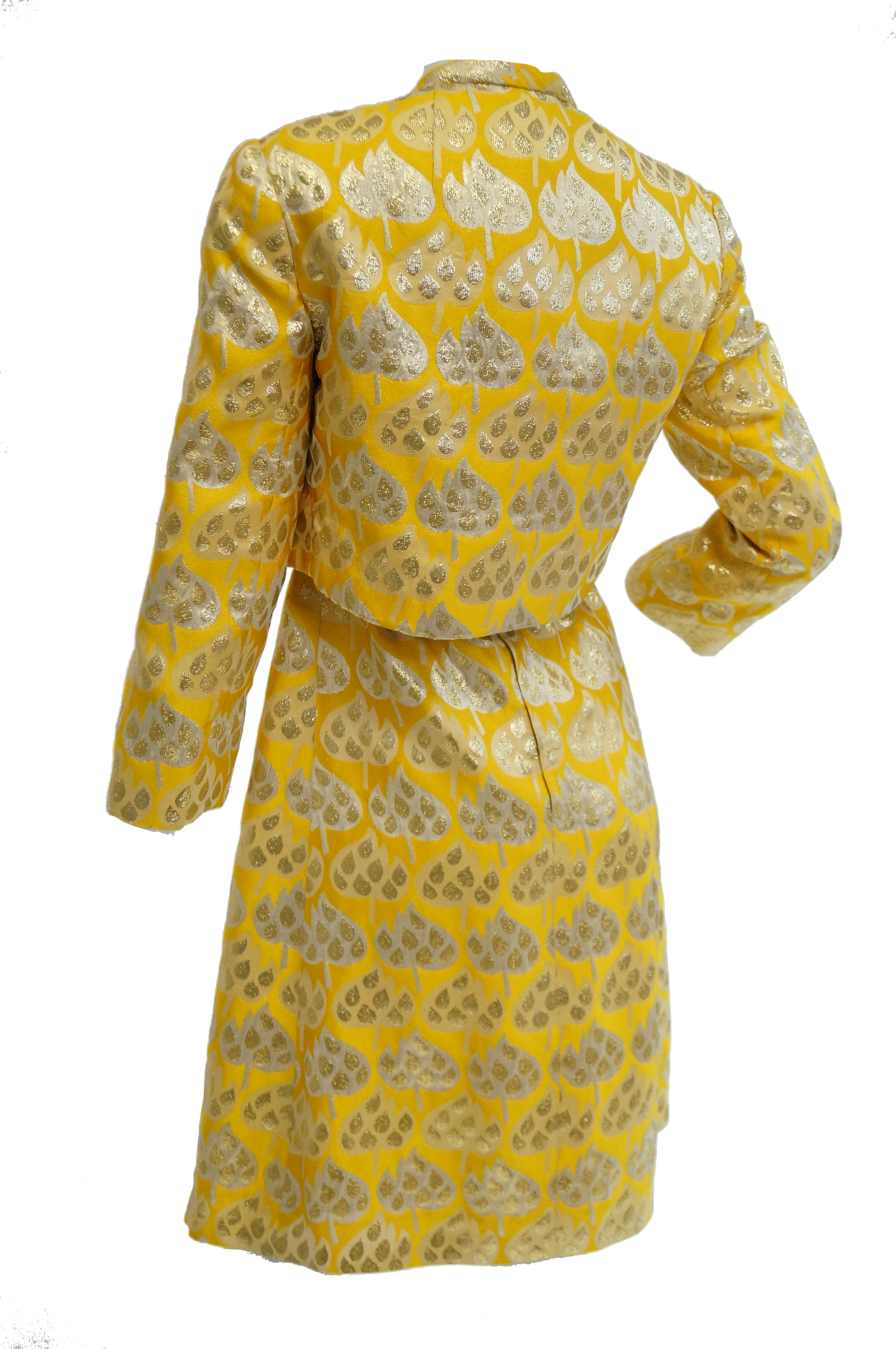 1960s Mollie Parnis Gold and Yellow Leaf Print Cocktail Dress For Sale 5