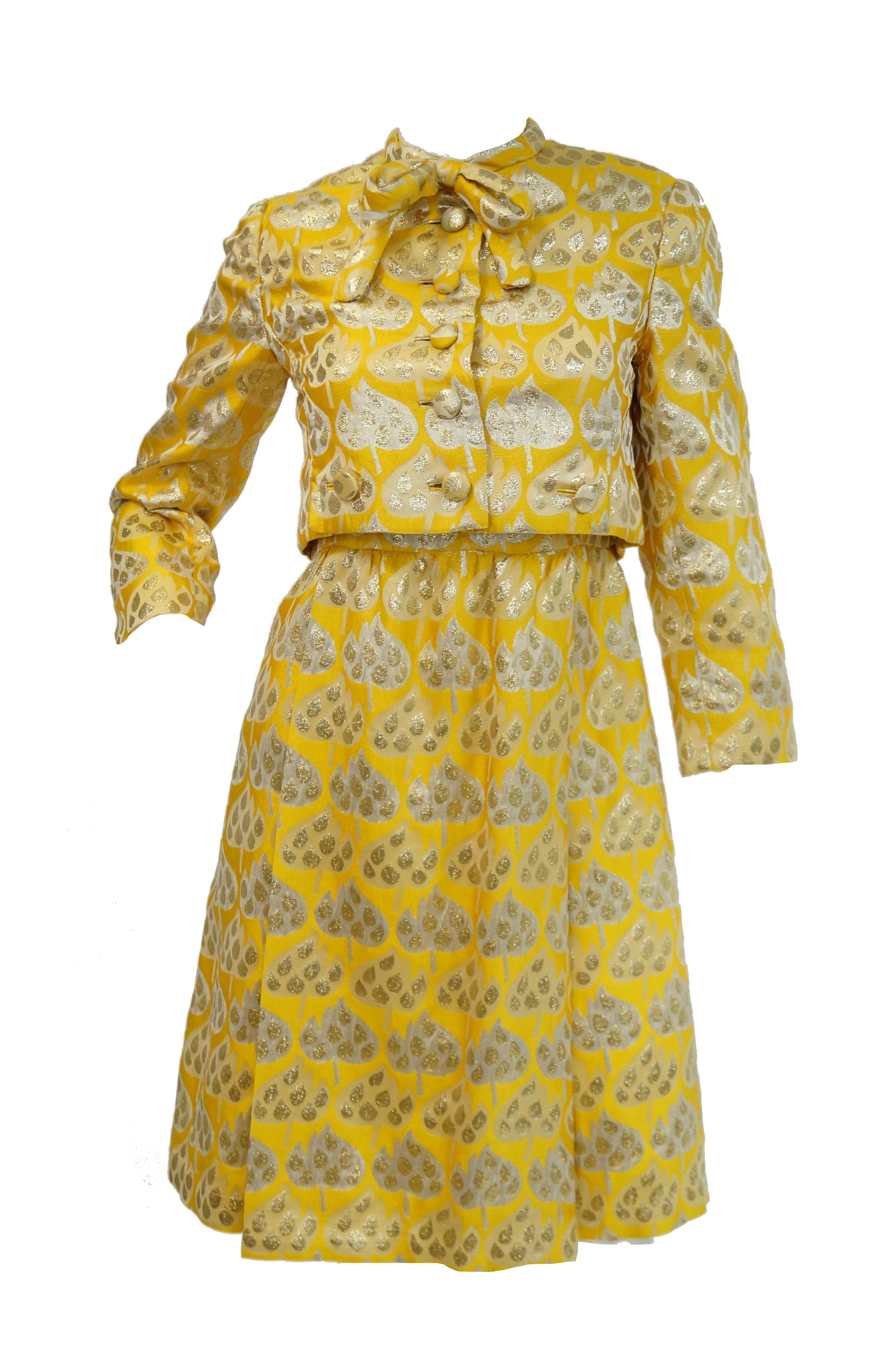 1960s Mollie Parnis Gold and Yellow Leaf Print Cocktail Dress For Sale 6