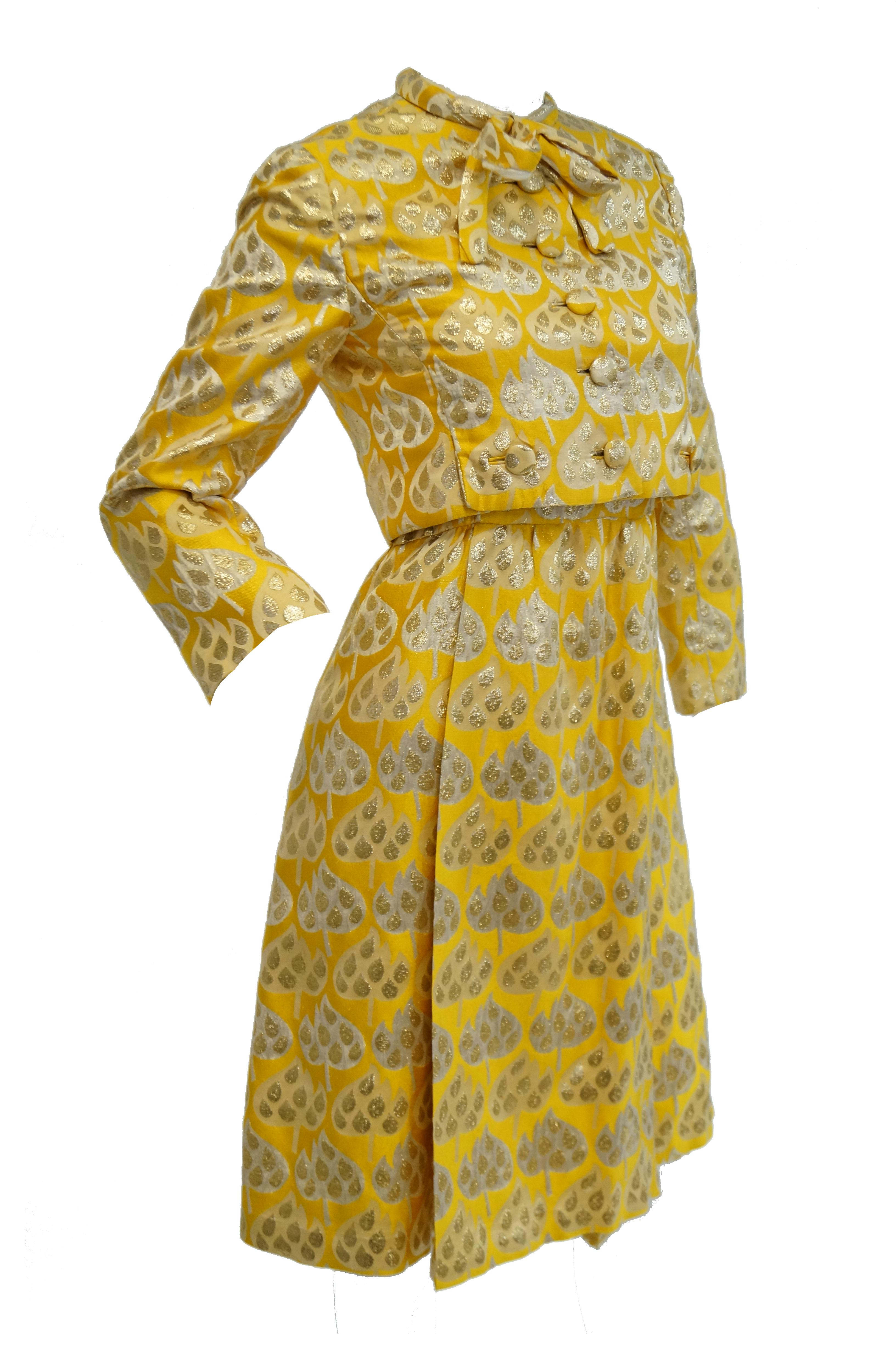 1960s Mollie Parnis Gold and Yellow Leaf Print Cocktail Dress For Sale 8