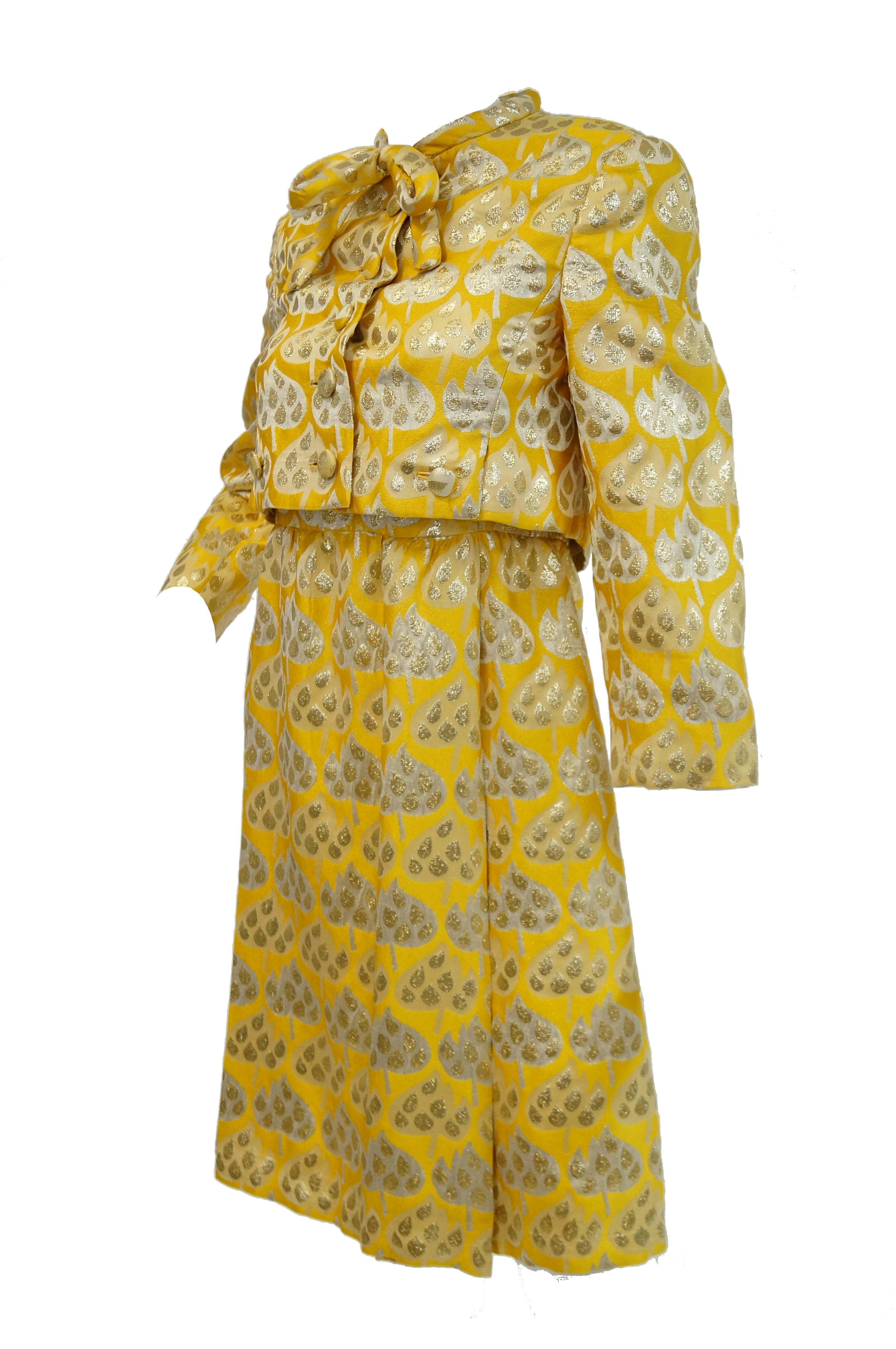 1960s Mollie Parnis Gold and Yellow Leaf Print Cocktail Dress For Sale 9