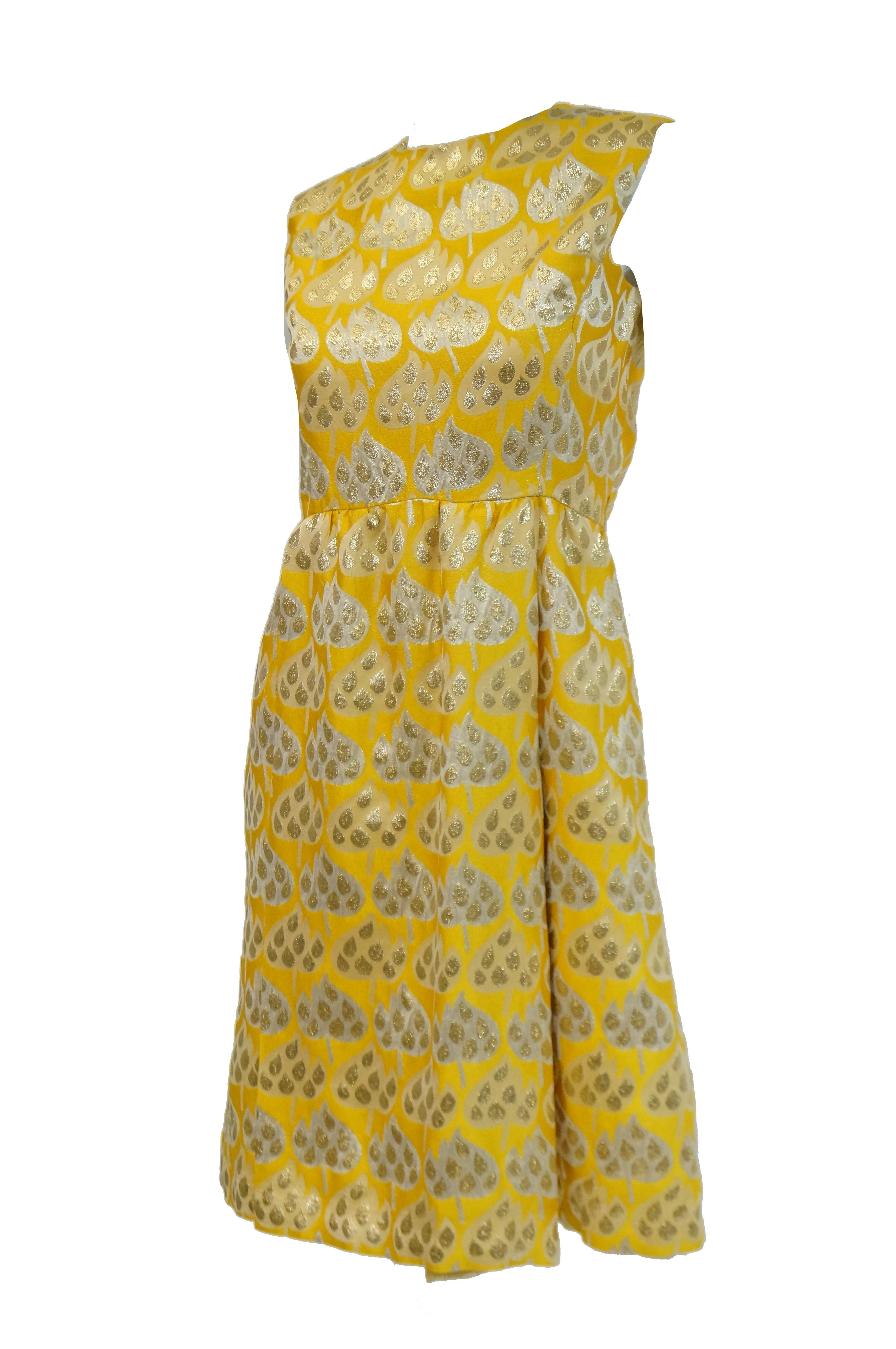 Brown 1960s Mollie Parnis Gold and Yellow Leaf Print Cocktail Dress For Sale