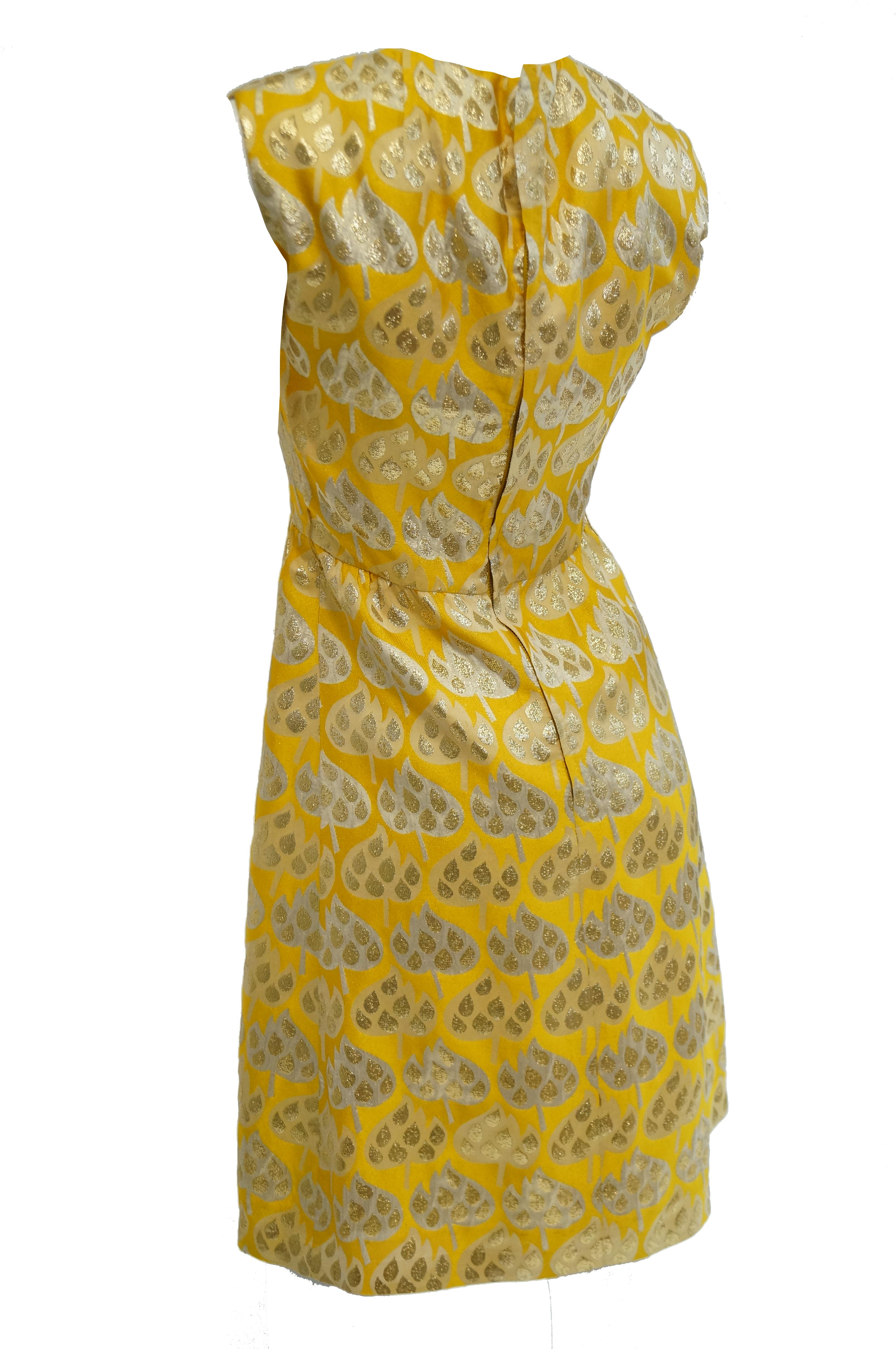 1960s Mollie Parnis Gold and Yellow Leaf Print Cocktail Dress For Sale 1