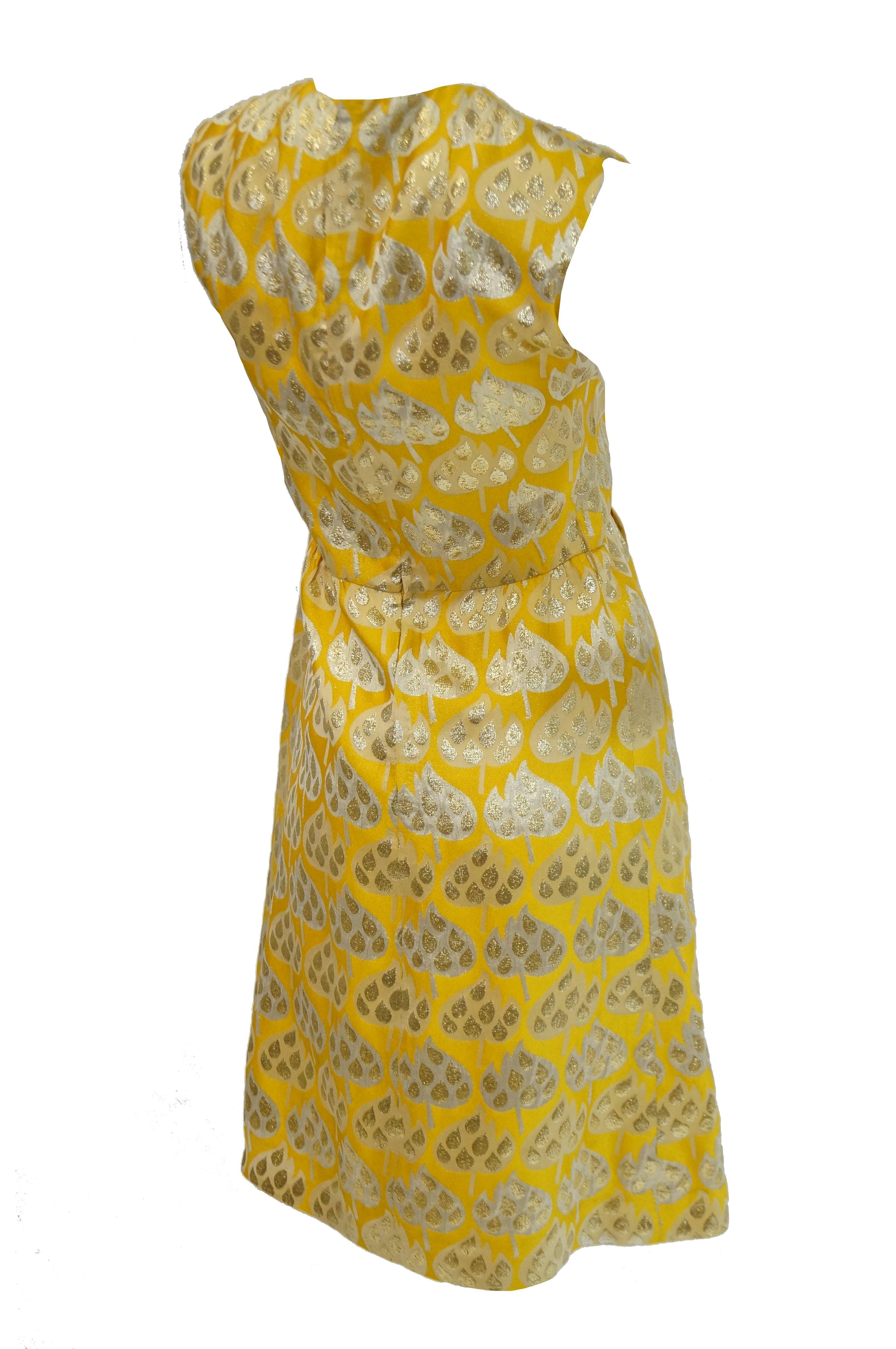 1960s Mollie Parnis Gold and Yellow Leaf Print Cocktail Dress For Sale 2