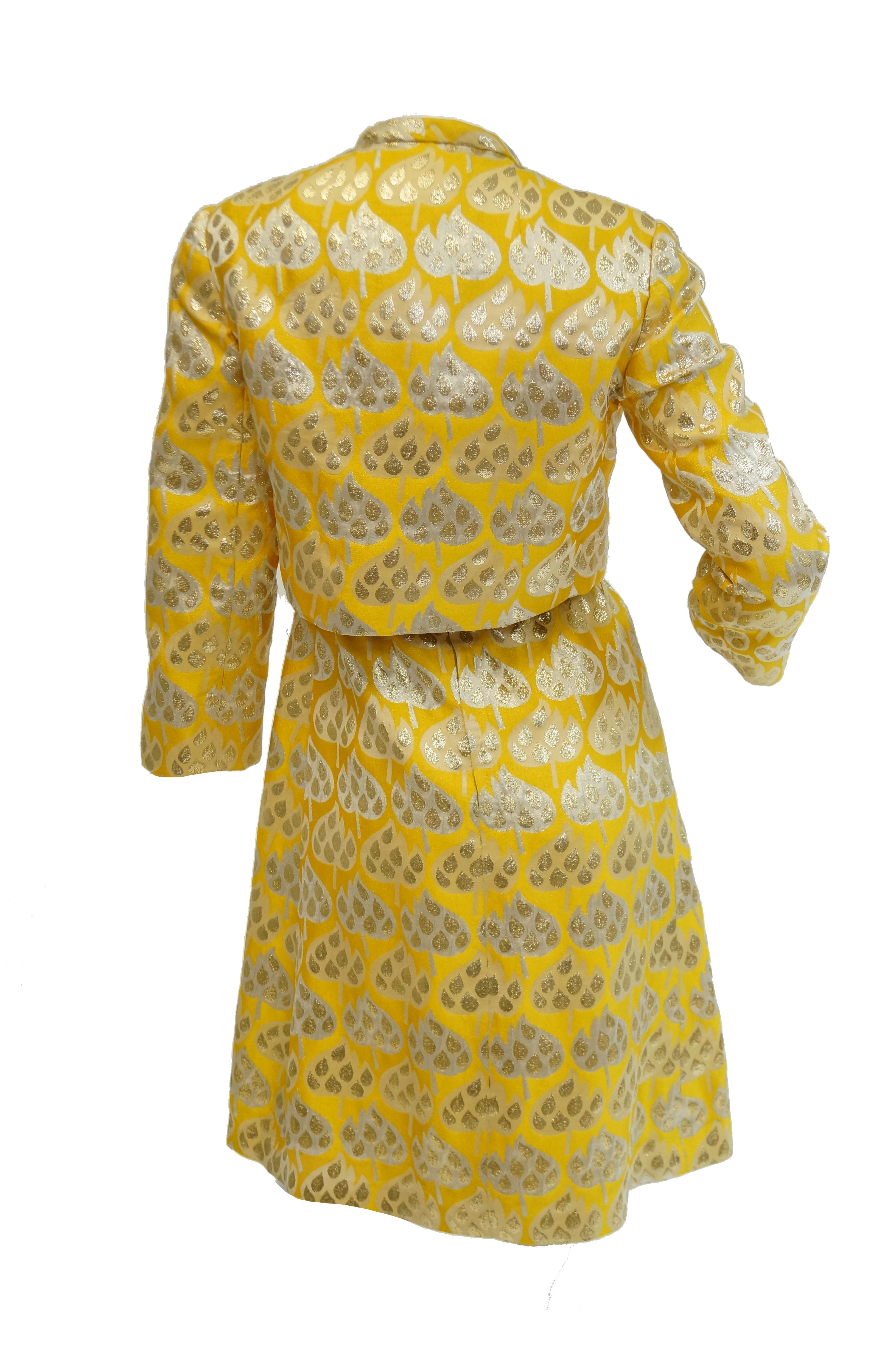 1960s Mollie Parnis Gold and Yellow Leaf Print Cocktail Dress For Sale 3