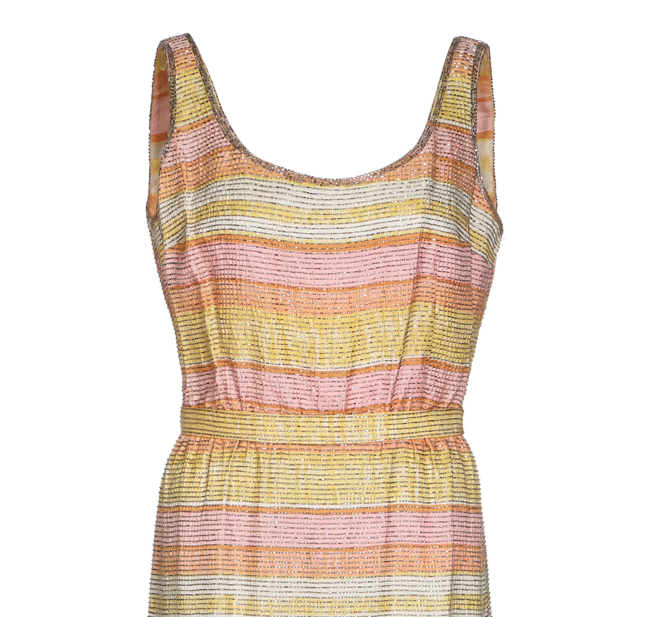 Vestido columna con cuentas en tonos pastel de Mollie Parnis de los años 60 Beige en venta