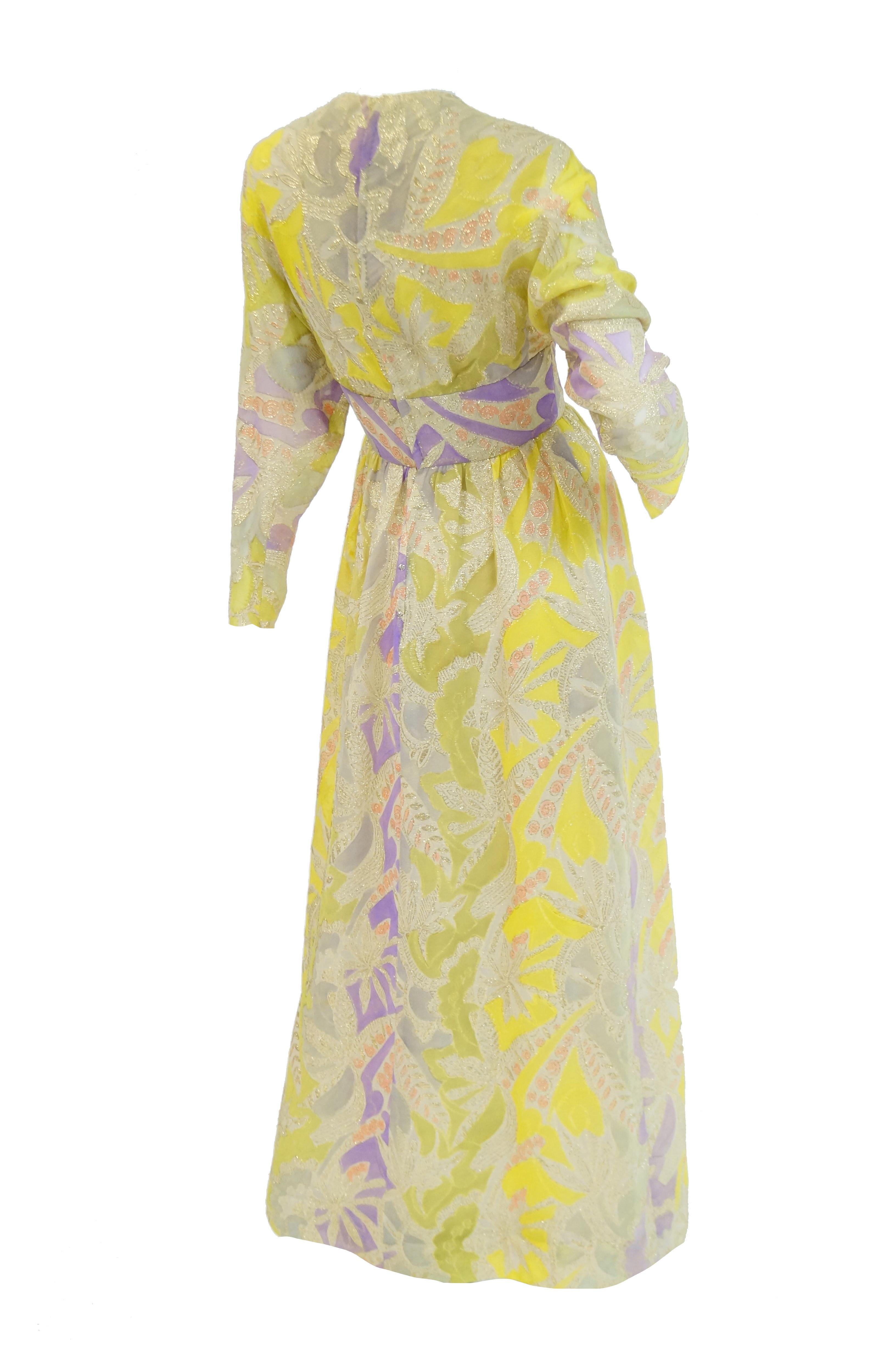 Beige 1960s Mollie Parnis Purple & Yellow Floral Evening Dress with Gold Lame Detail For Sale