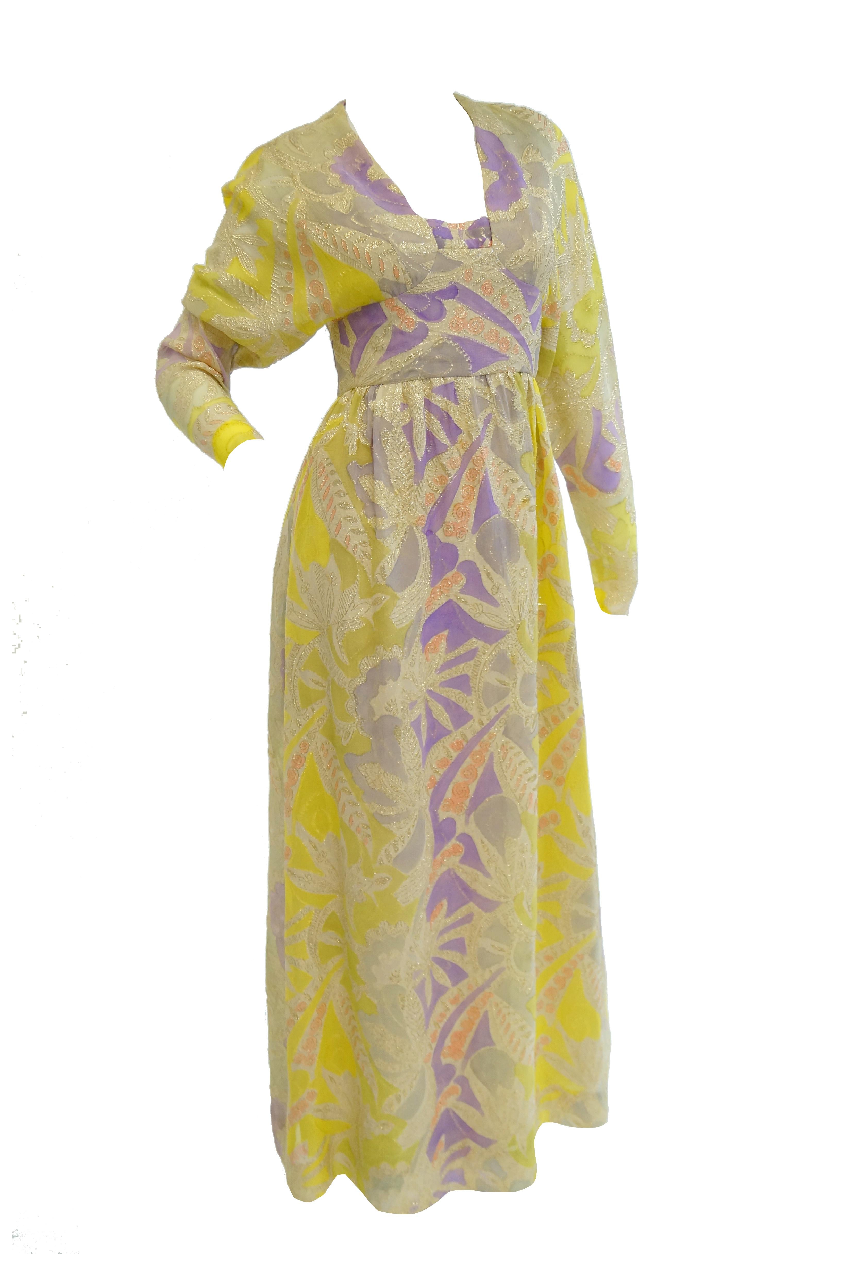 1960s Mollie Parnis Purple & Yellow Floral Evening Dress with Gold Lame Detail In Good Condition For Sale In Houston, TX