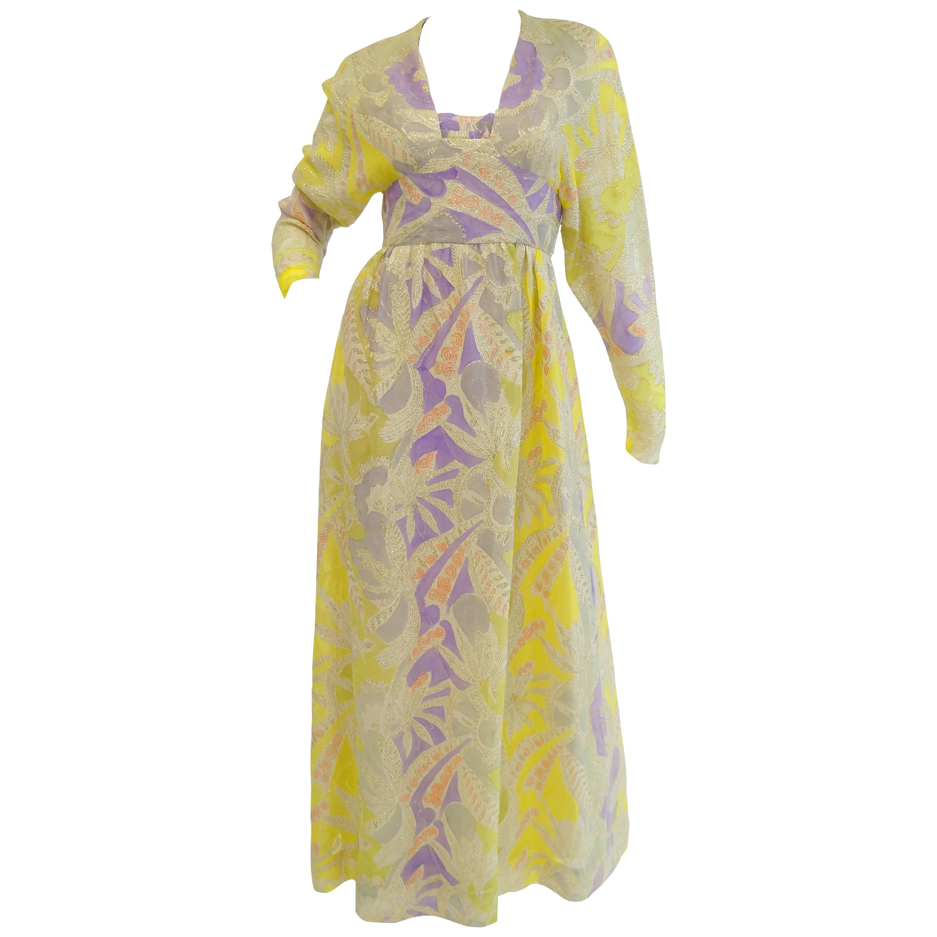 1960s Mollie Parnis Purple & Yellow Floral Evening Dress with Gold Lame Detail For Sale