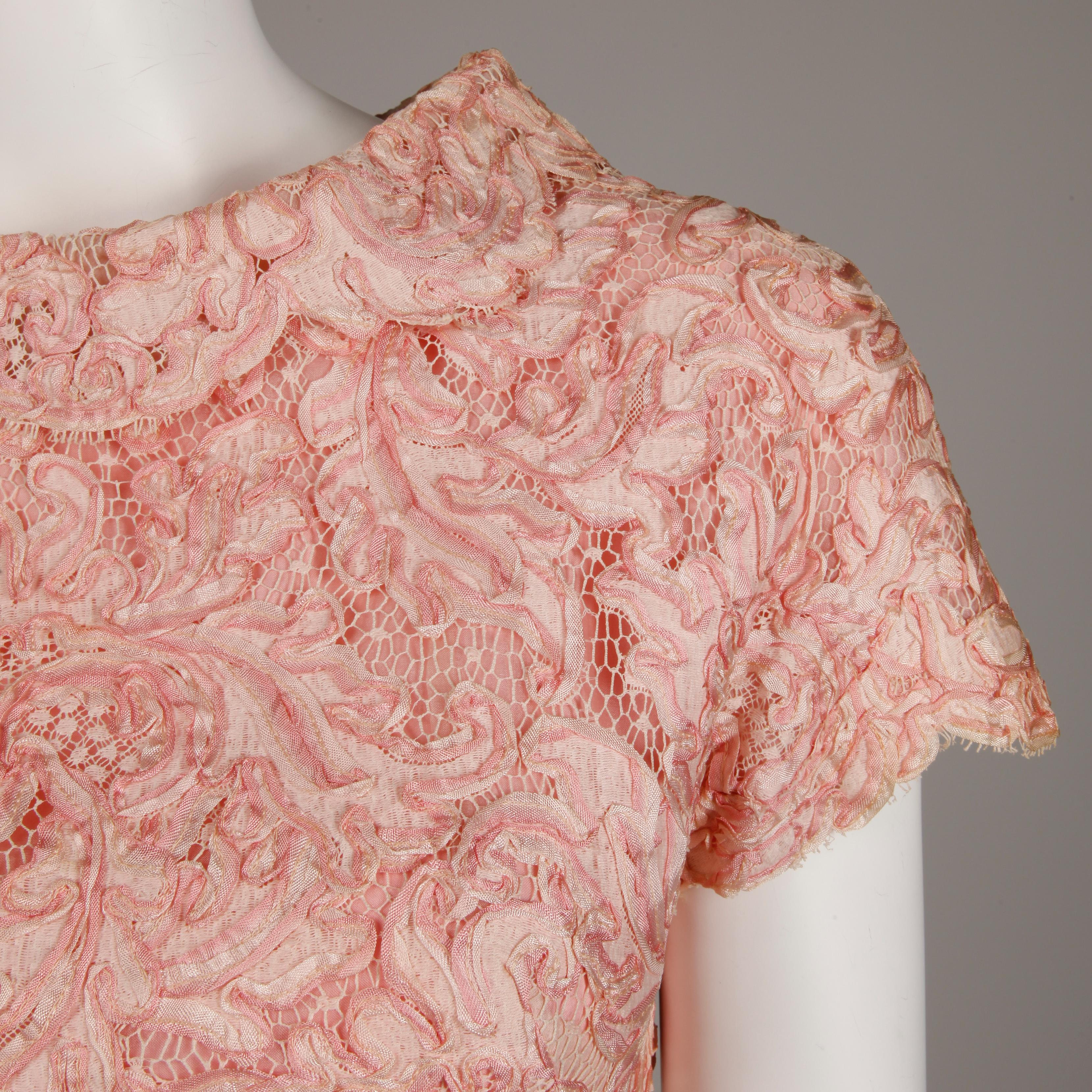 Brown 1960s Mollie Parnis Vintage Pink Soutache + Scalloped Lace Shift Dress Dress For Sale