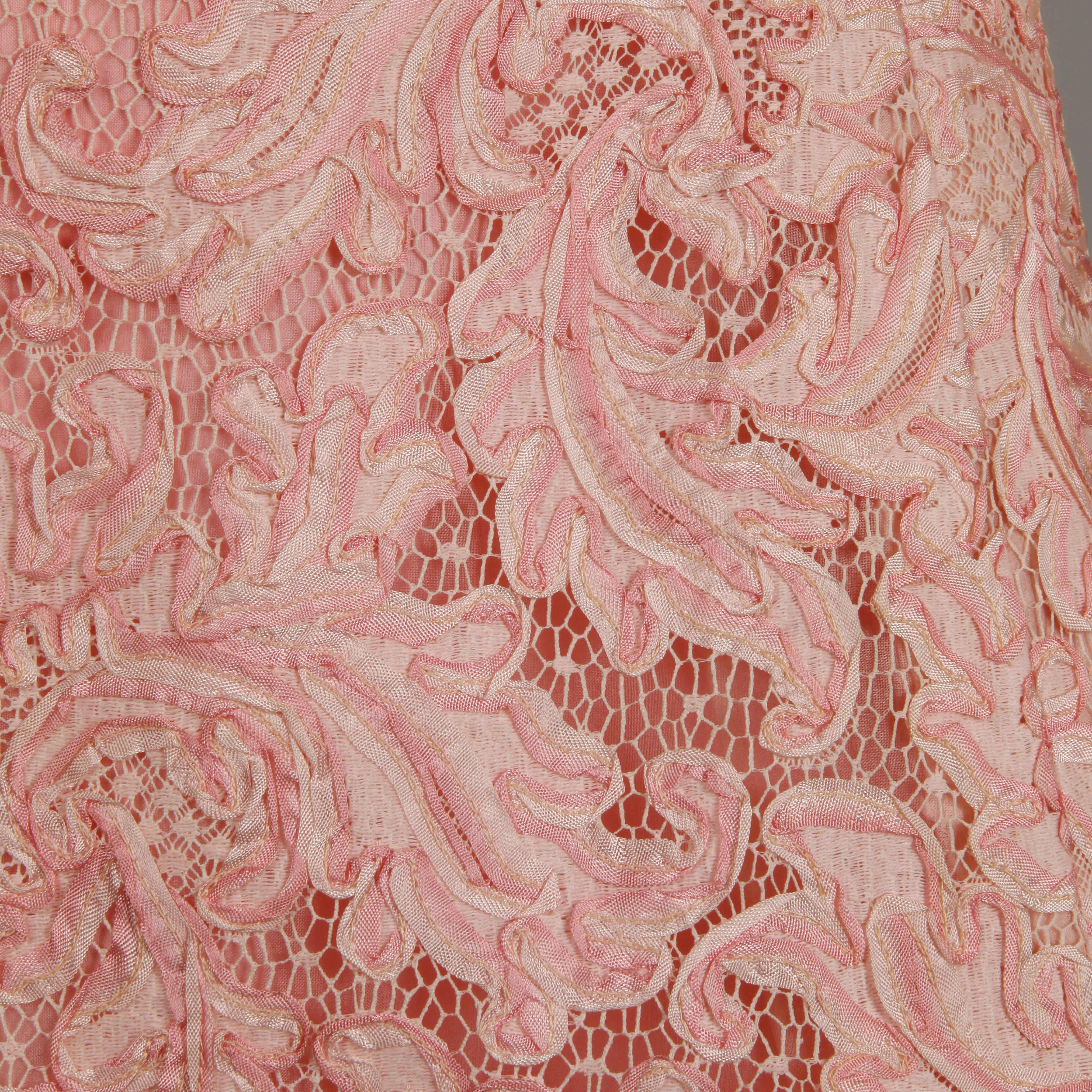 Women's 1960s Mollie Parnis Vintage Pink Soutache + Scalloped Lace Shift Dress Dress For Sale