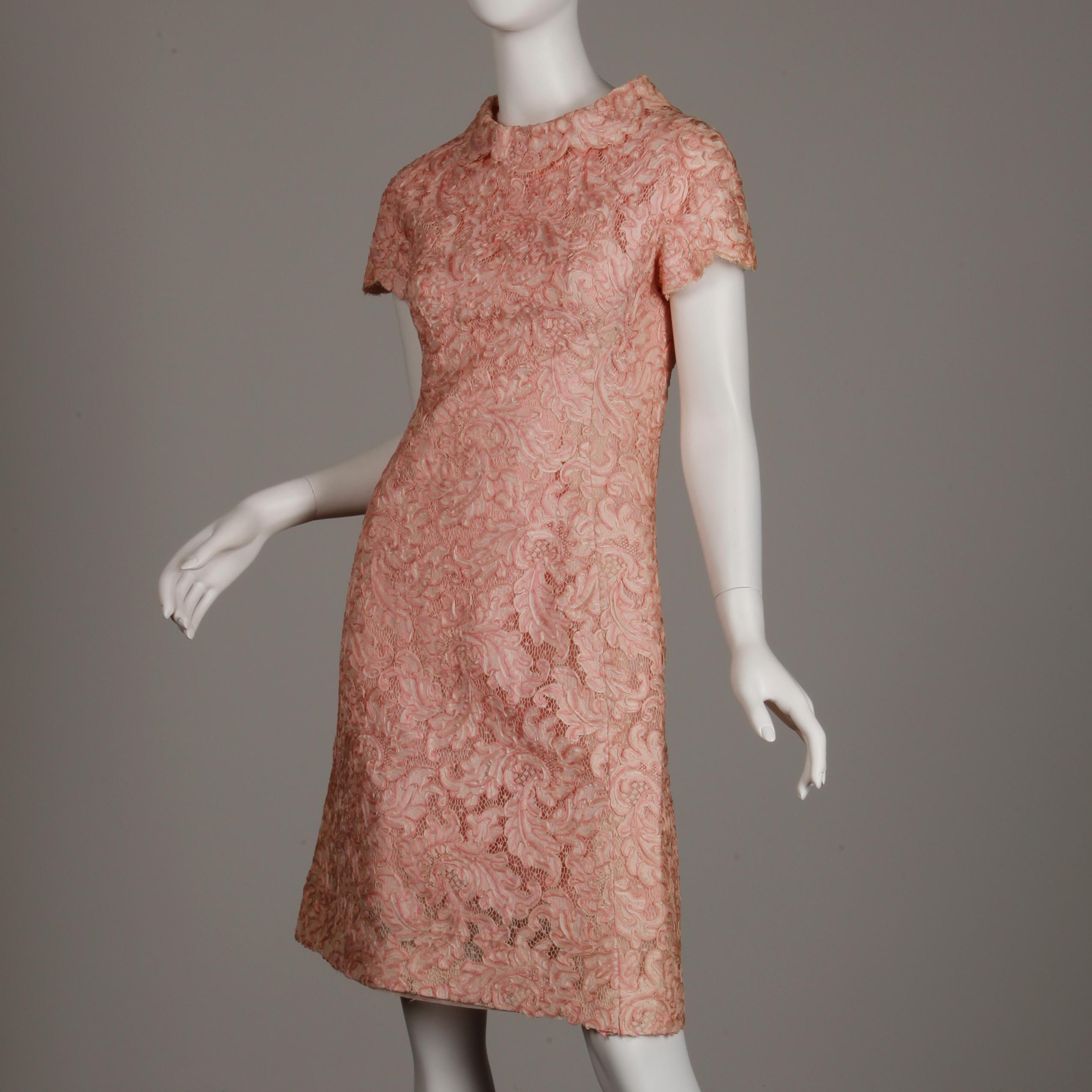 1960s Mollie Parnis Vintage Pink Soutache + Scalloped Lace Shift Dress Dress For Sale 1