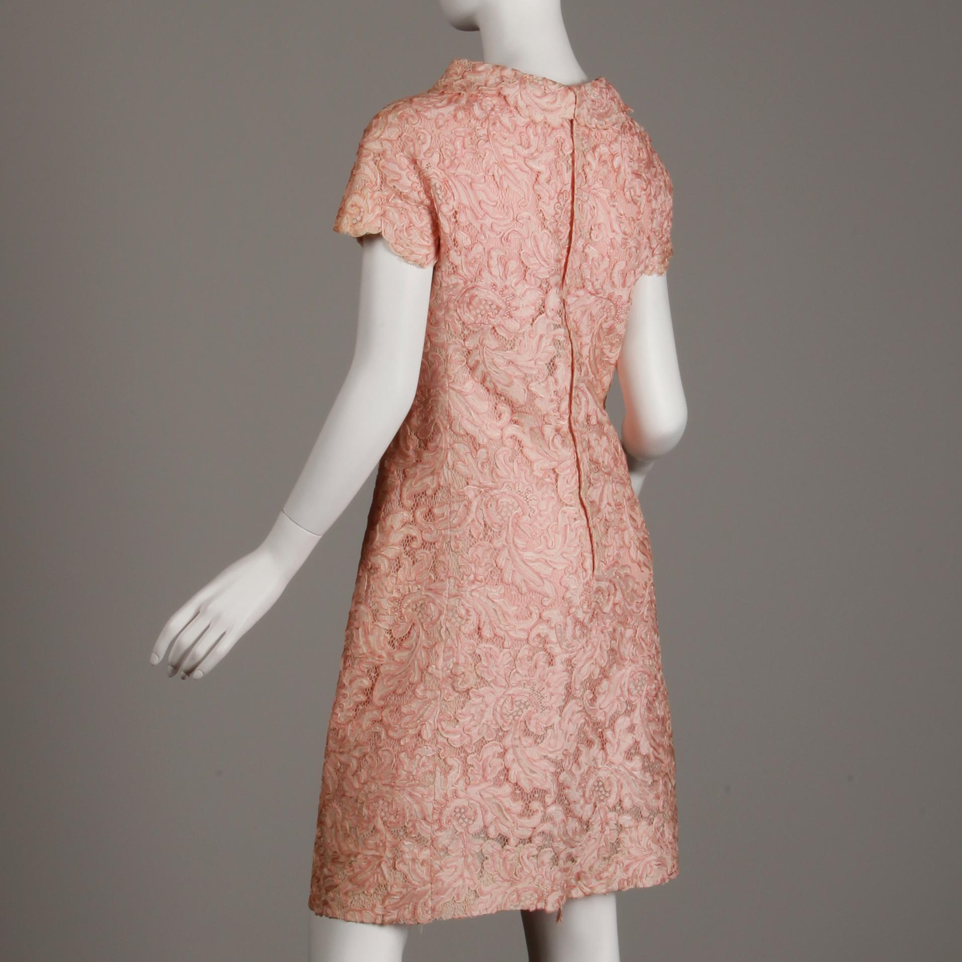 1960s Mollie Parnis Vintage Pink Soutache + Scalloped Lace Shift Dress Dress For Sale 2
