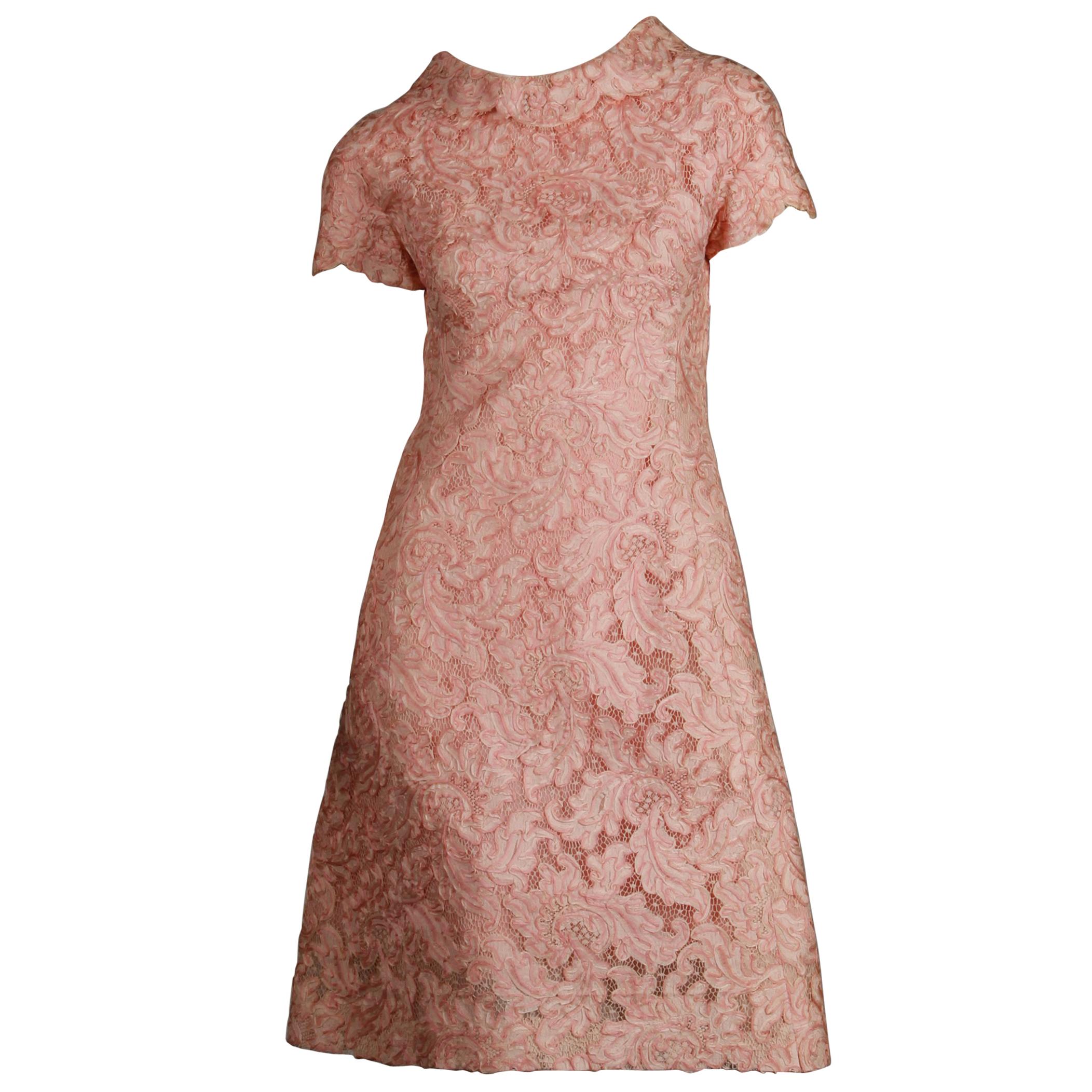 1960s Mollie Parnis Vintage Pink Soutache + Scalloped Lace Shift Dress Dress For Sale