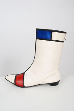 1960's Mondrian Red White Blue Space-Age Mod Vinyl Mid Calf Go-Go Boots