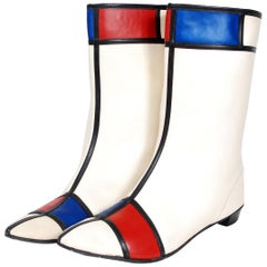 mondrian Red White Blue Space-Age Mod Vinyl Mid Calf Go-Go Boots des années 1960