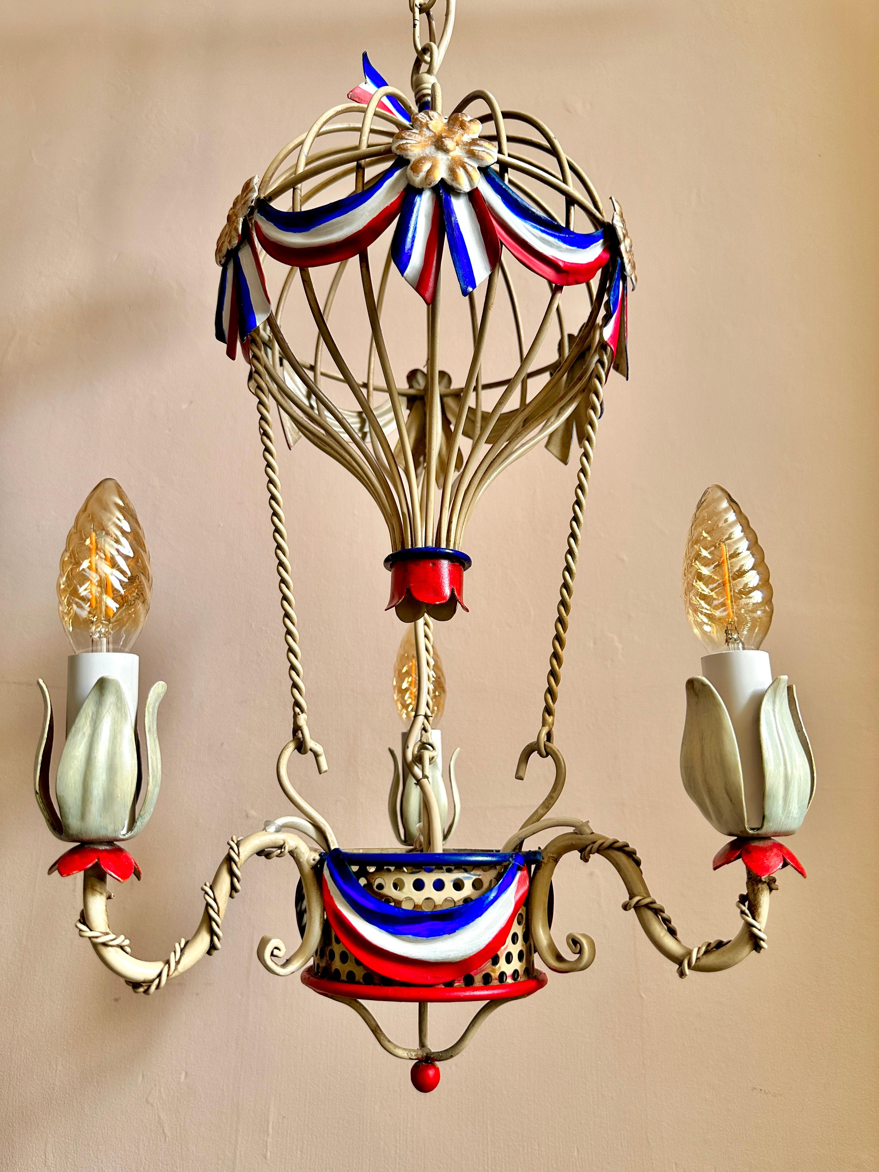 Italian 1960s Montgolfier Tole Toleware Chandelier (Two Available) For Sale