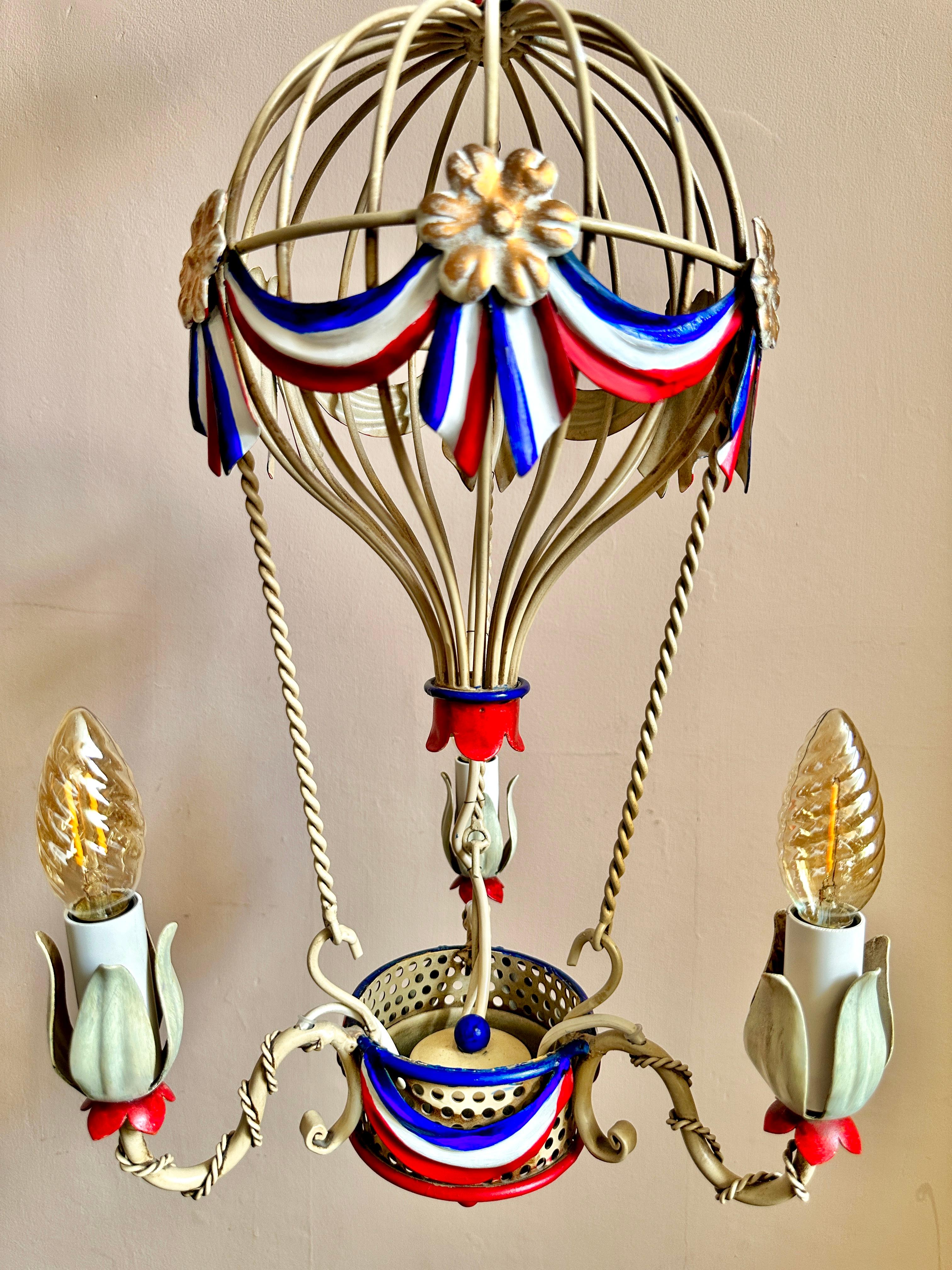 Hand-Painted 1960s Montgolfier Tole Toleware Chandelier (Two Available) For Sale
