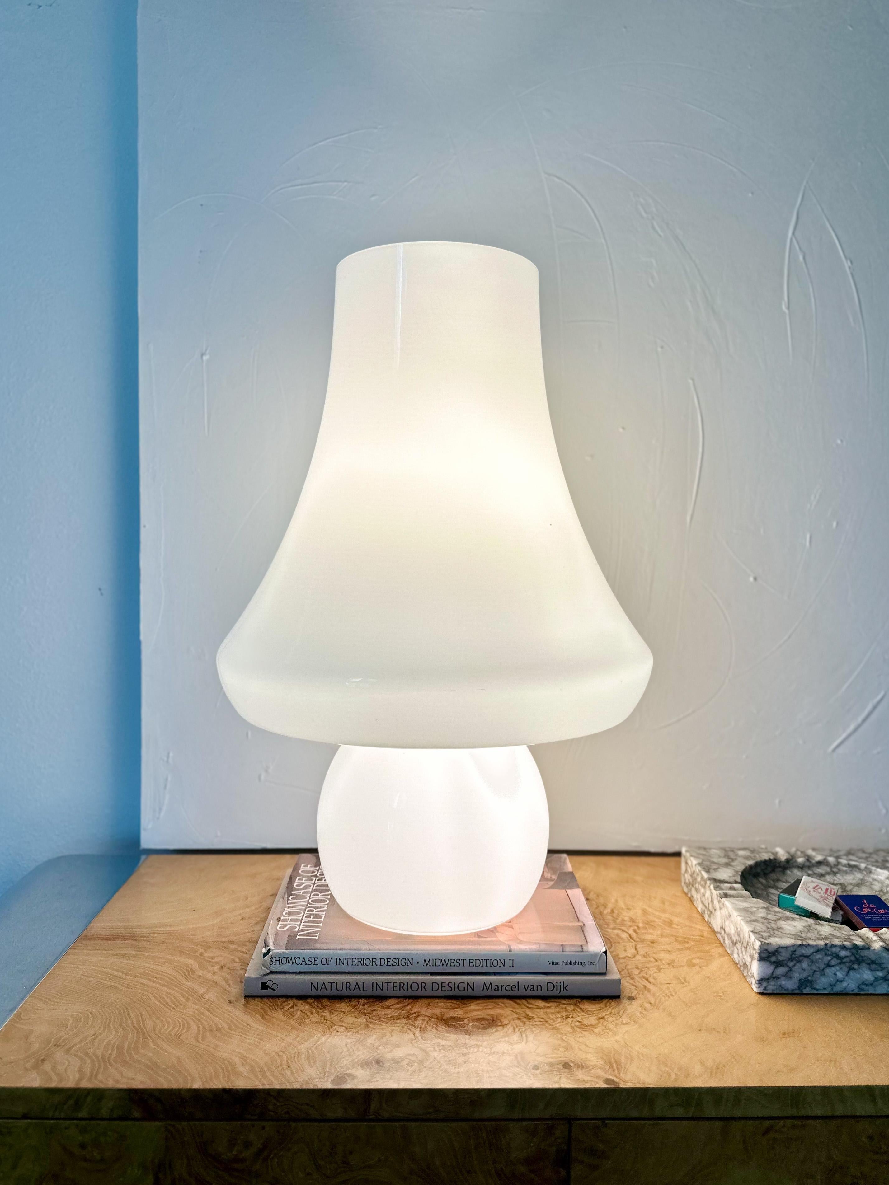 Monumental milky-white Murano glass mushroom lamp, hand-blown in Italy by Vetreria De Majo c.1960s. This piece is insanely massive--over two feet tall--an incredibly rare find. Photos alone can barely convey the scale! While the lamp alone is a work