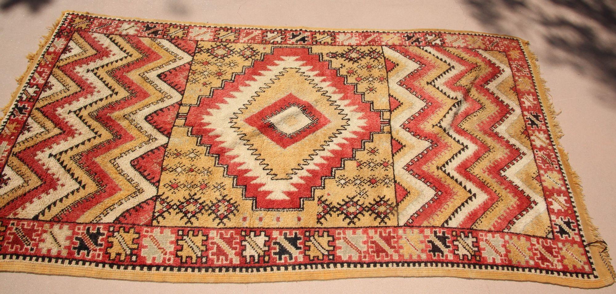 Hand-Crafted 1960s Moroccan authentic Berber Rug Orange Yellow and Ivory 10 ft x 5ft. For Sale