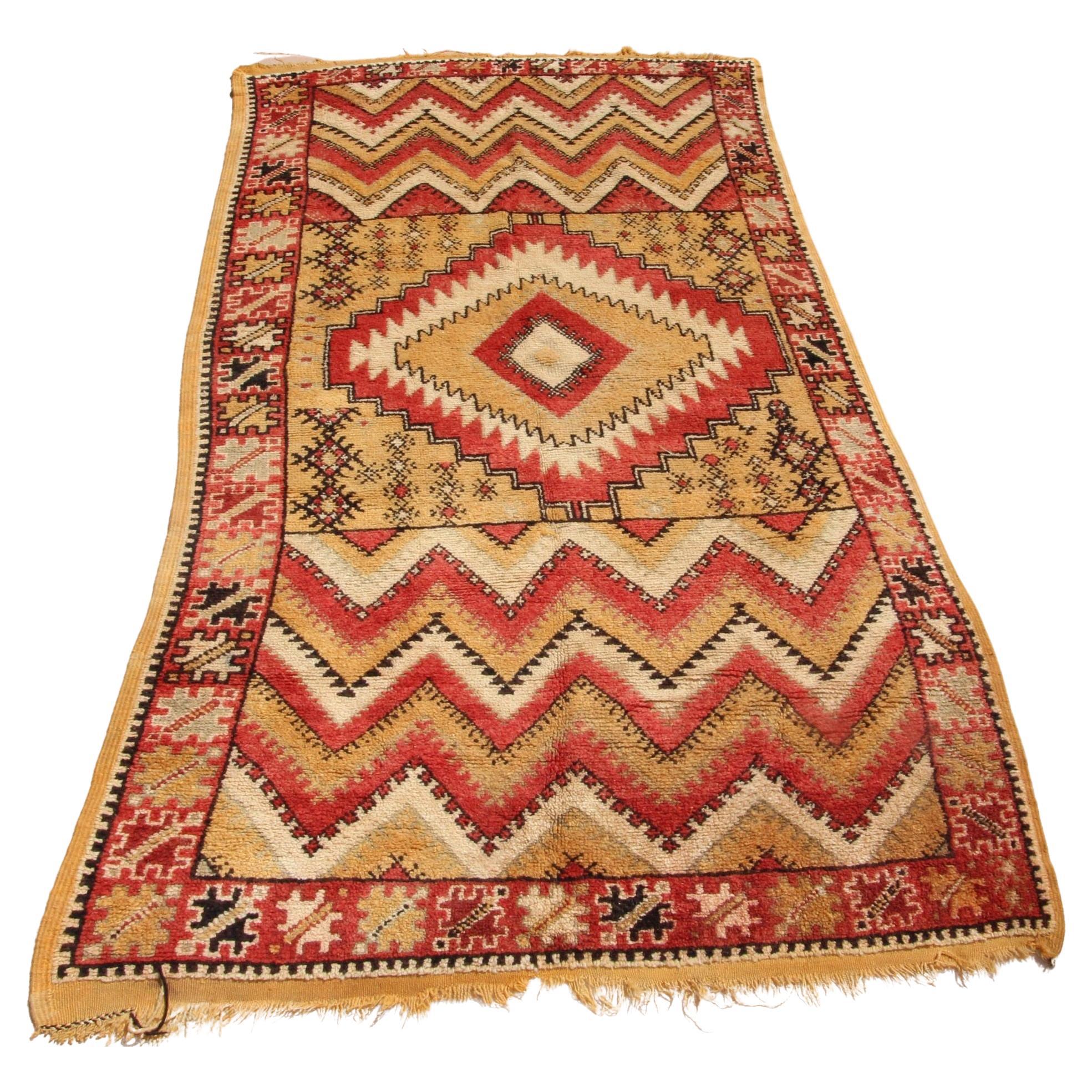 1960s Moroccan authentic Berber Rug Orange Yellow and Ivory 10 ft x 5ft. For Sale