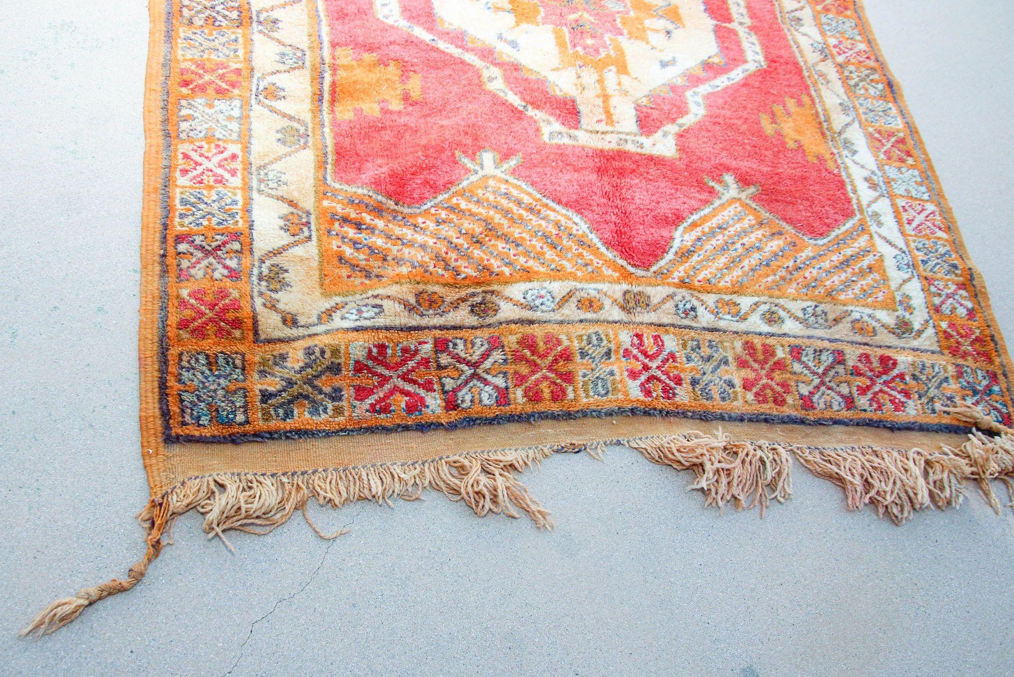 Folk Art 1960s Moroccan Berber Rug Burnt Orange Blue Cream and Pink For Sale