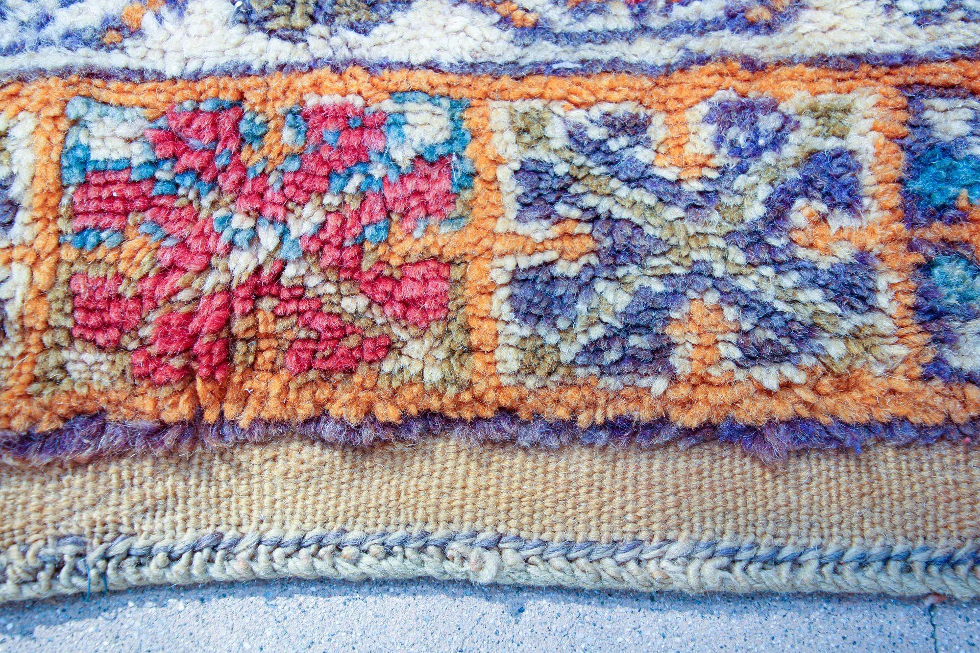 1960s Moroccan Berber Rug Burnt Orange Blue Cream and Pink In Good Condition For Sale In North Hollywood, CA