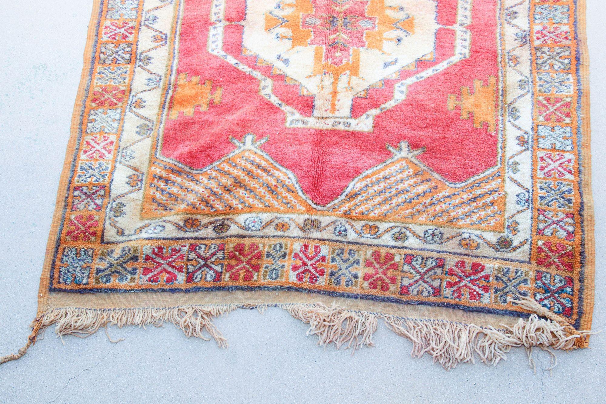 20th Century 1960s Moroccan Berber Rug Burnt Orange Blue Cream and Pink For Sale