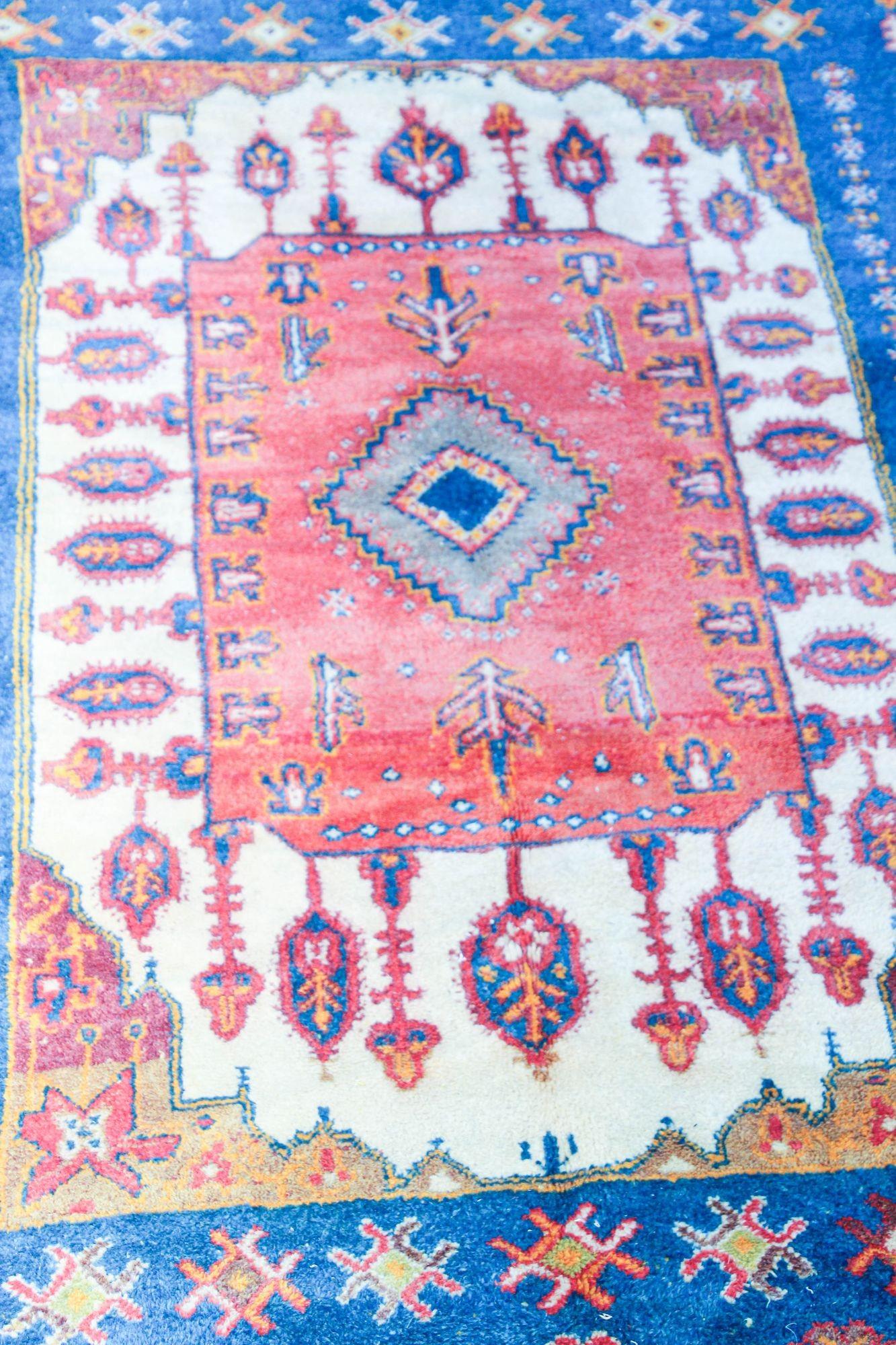 1960s Moroccan Berber Rug in Royal Blue, Pink and Orange Colors For Sale 7