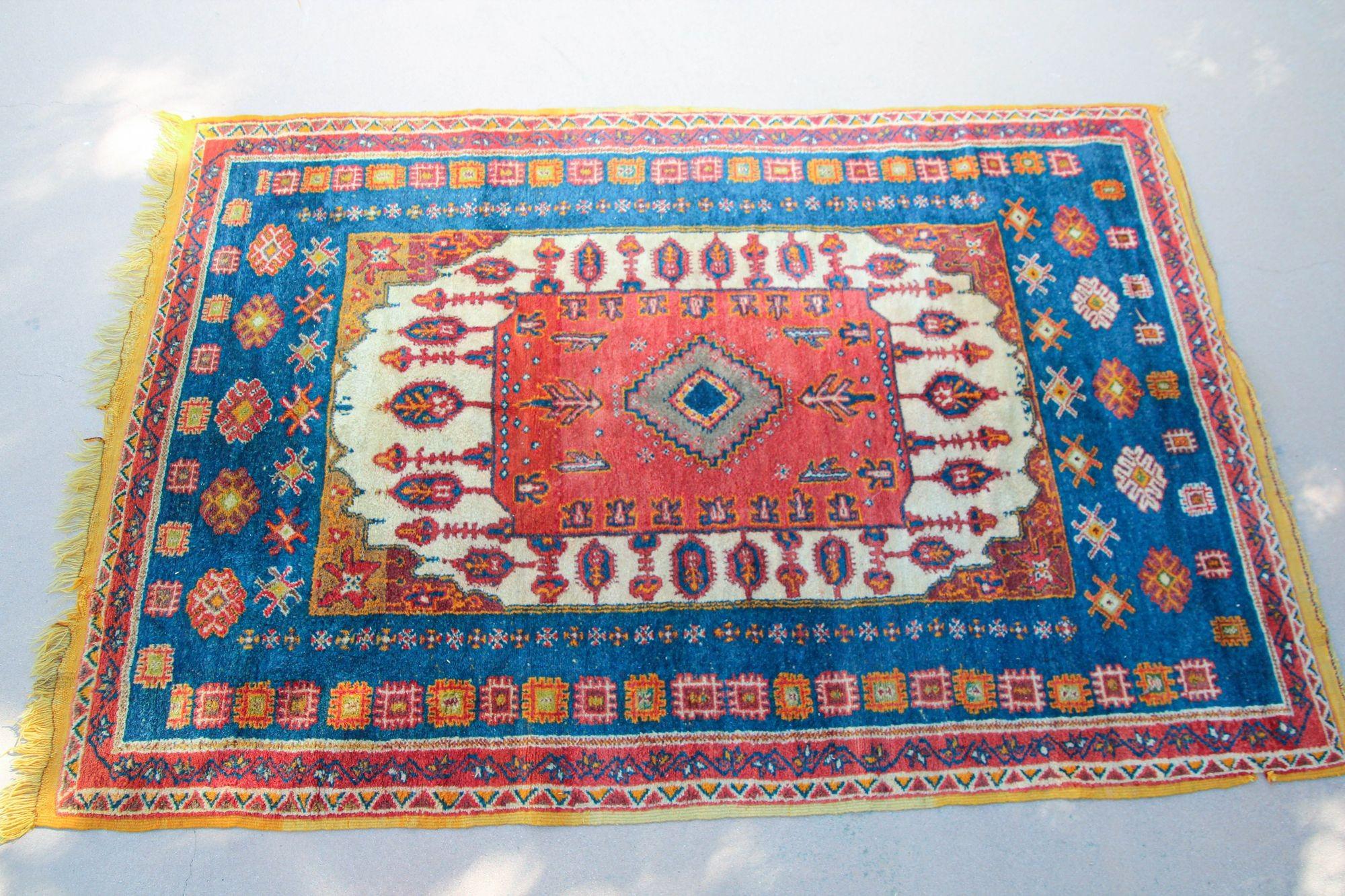 1960s Moroccan Berber Rug in Royal Blue, Pink and Orange Colors For Sale 8