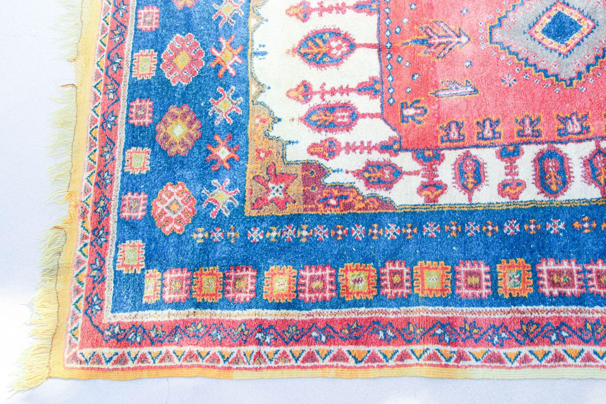 1960s Moroccan Berber Rug in Royal Blue, Pink and Orange Colors For Sale 10