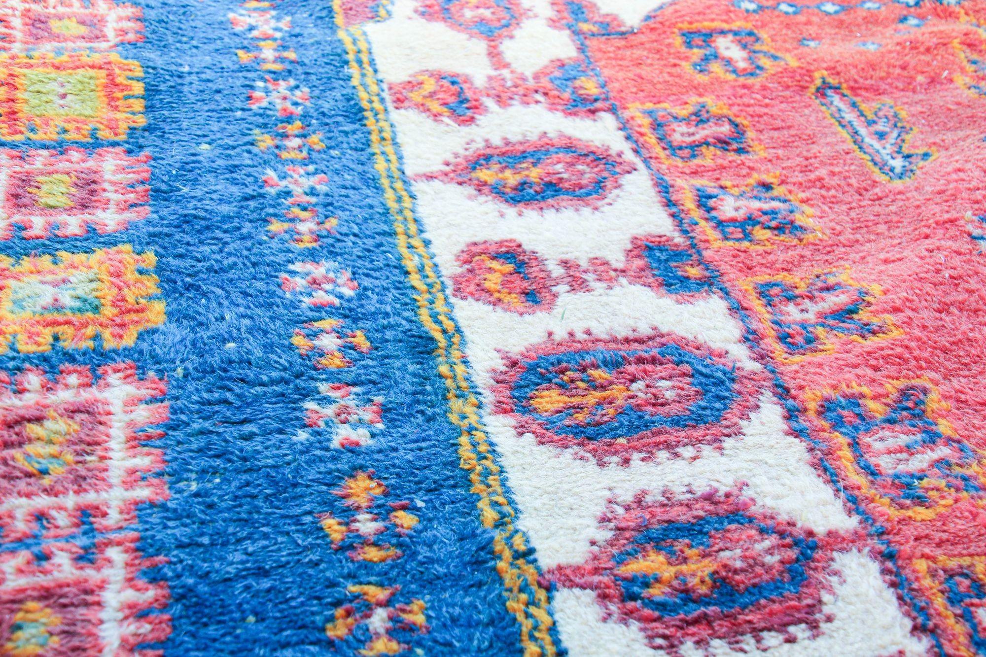 1960s Moroccan Berber Rug in Royal Blue, Pink and Orange Colors For Sale 11