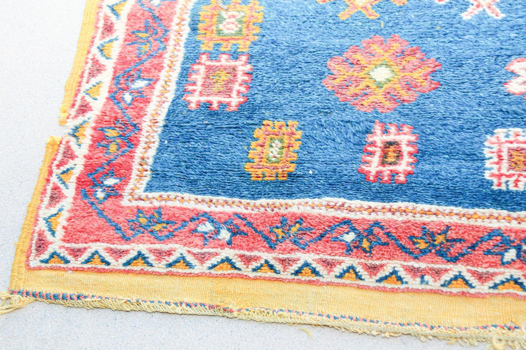 Folk Art 1960s Moroccan Berber Rug in Royal Blue, Pink and Orange Colors For Sale