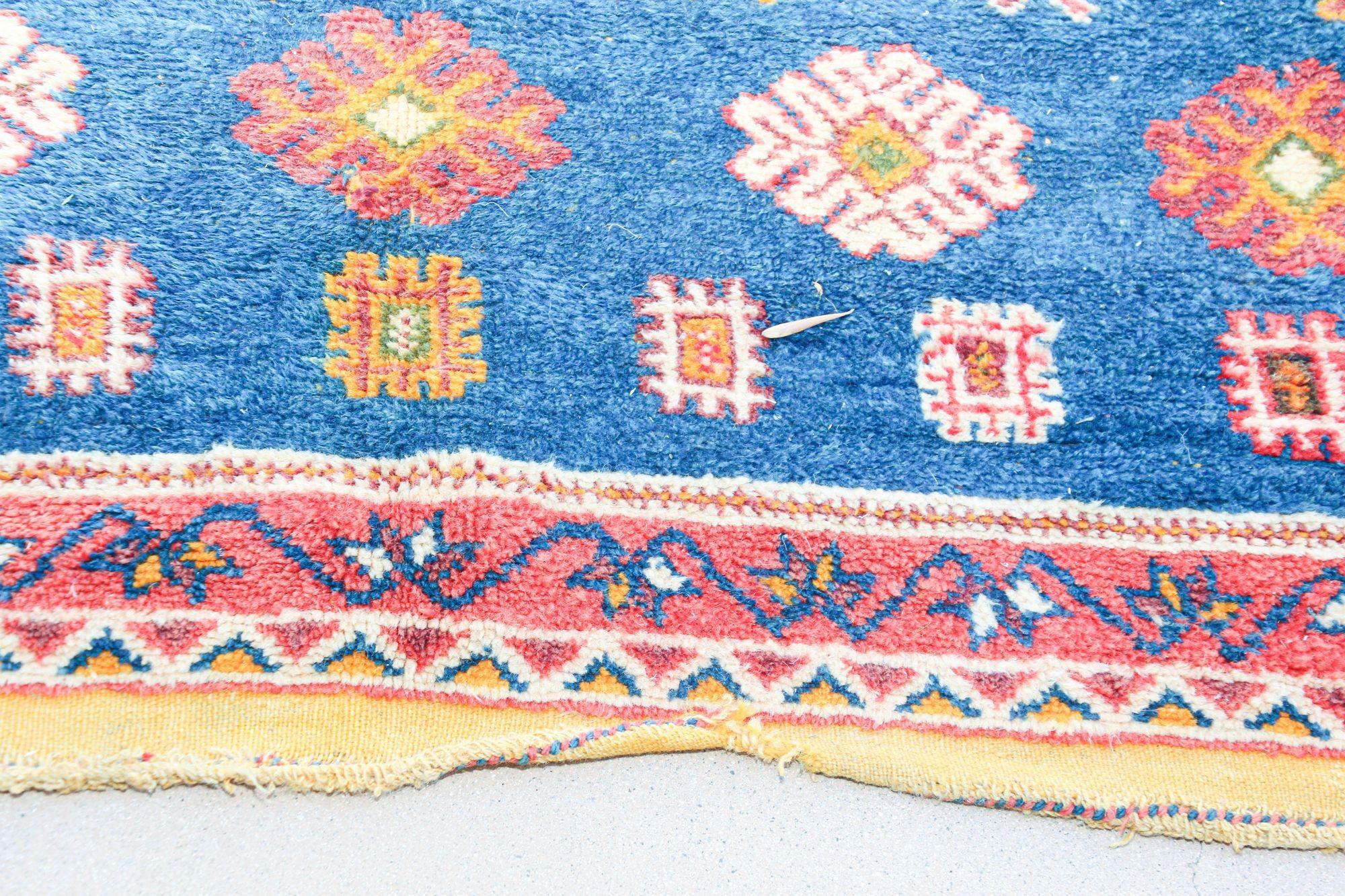 Vegetable Dyed 1960s Moroccan Berber Rug in Royal Blue, Pink and Orange Colors For Sale